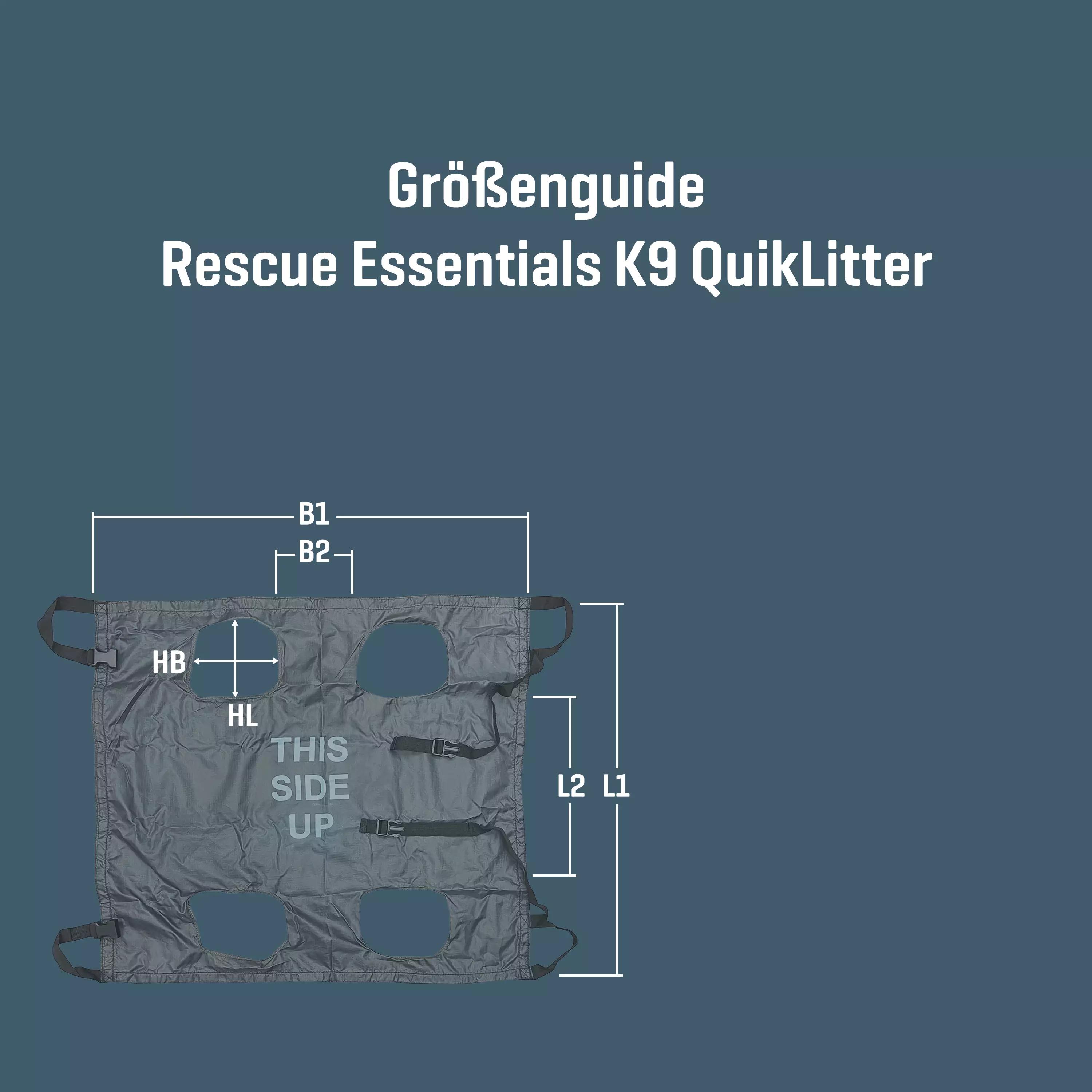 Graues Rescue Essentials K9 QuikLitter - Tragetuch für Diensthunde - Groß mit strapazierfähigem Ripstop-Material, vier Tragegriffen und länglichen Beinlöchern in der Seitenansicht.