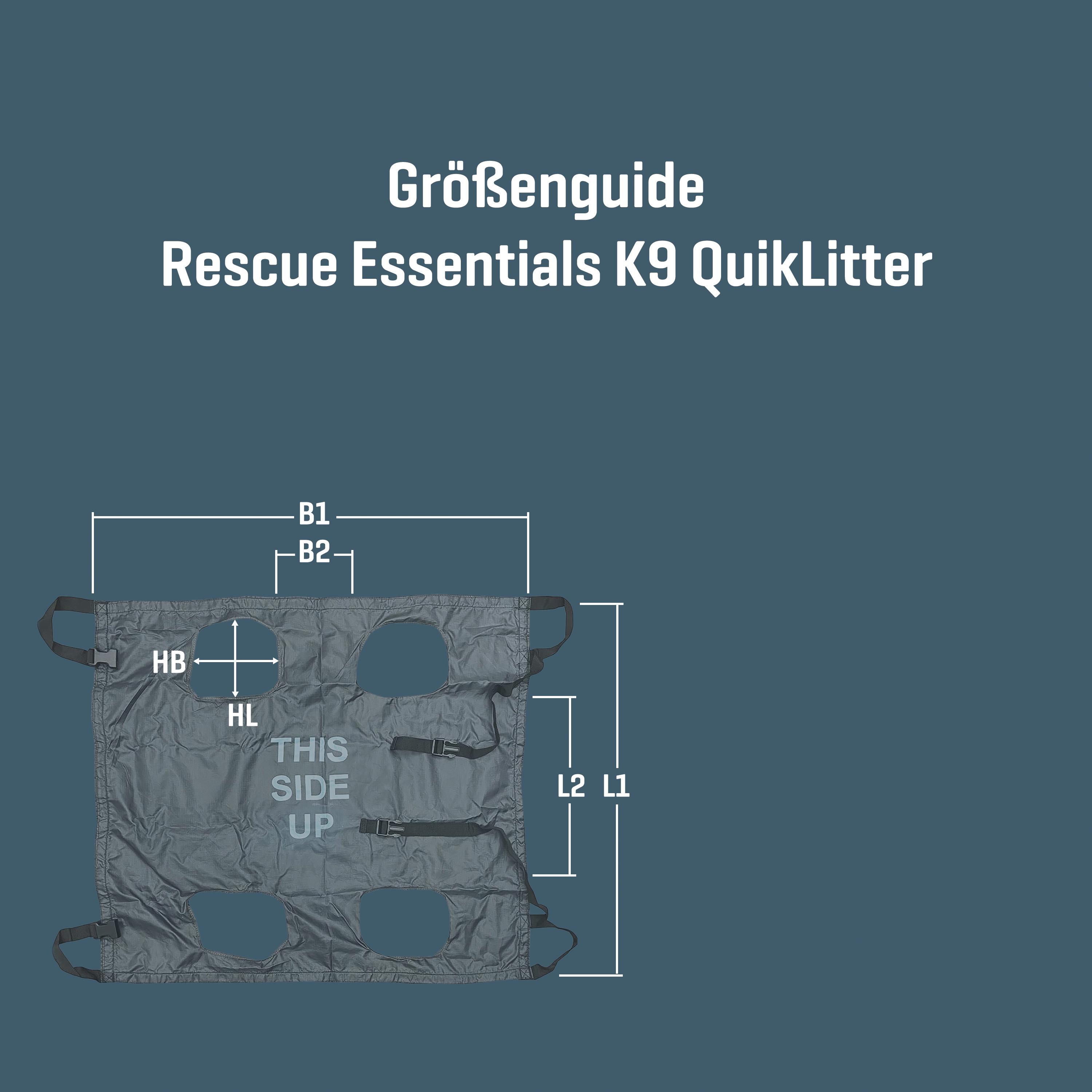 Graues Rescue Essentials K9 QuikLitter - Tragetuch für Diensthunde - Groß mit strapazierfähigem Ripstop-Material, vier Tragegriffen und länglichen Beinlöchern in der Seitenansicht.