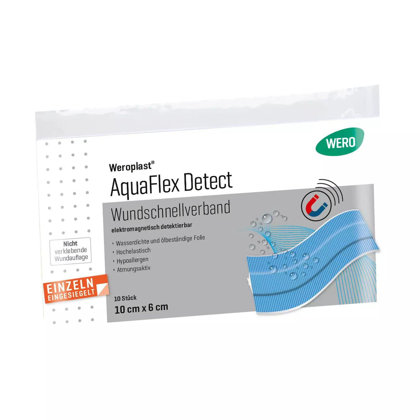 Eine weiße Verpackung Weroplast® AquaFlex Detect Wundschnellverband mit wasserdichter, blauer PU-Trägerfolie und detektierbarer Aluminiumlage.