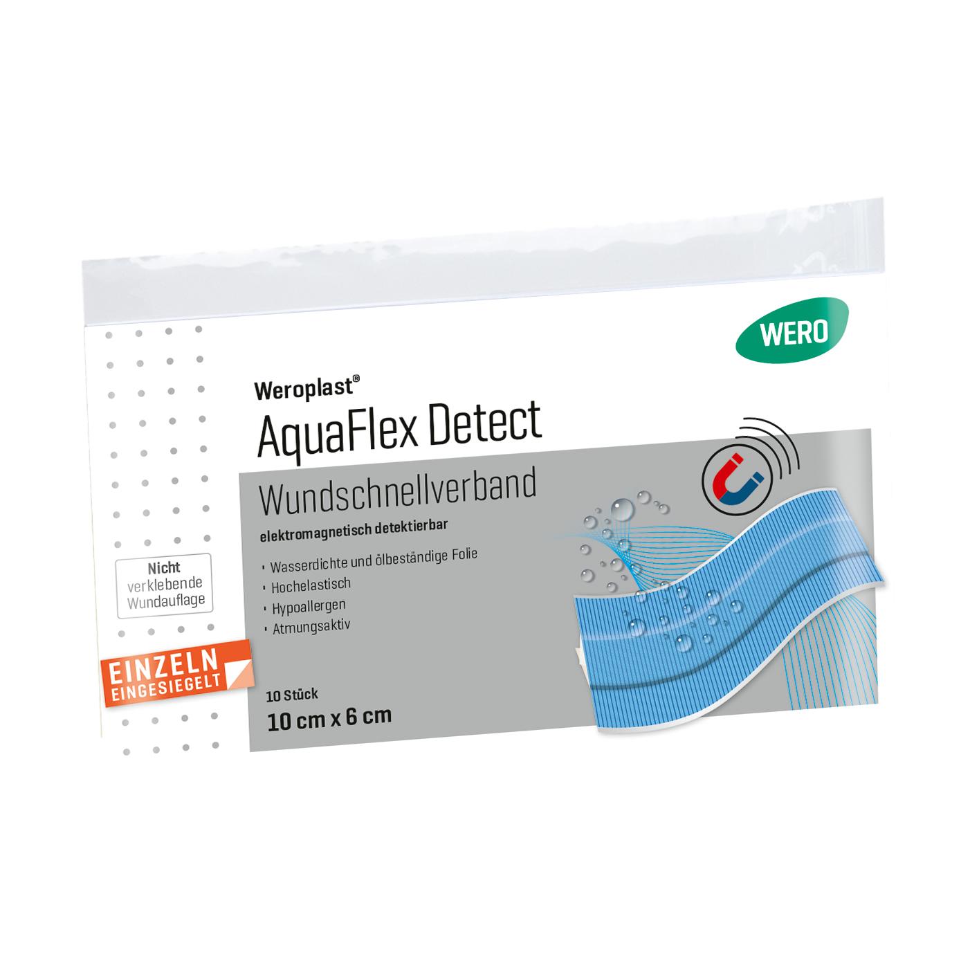 Eine weiße Verpackung Weroplast® AquaFlex Detect Wundschnellverband mit wasserdichter, blauer PU-Trägerfolie und detektierbarer Aluminiumlage.