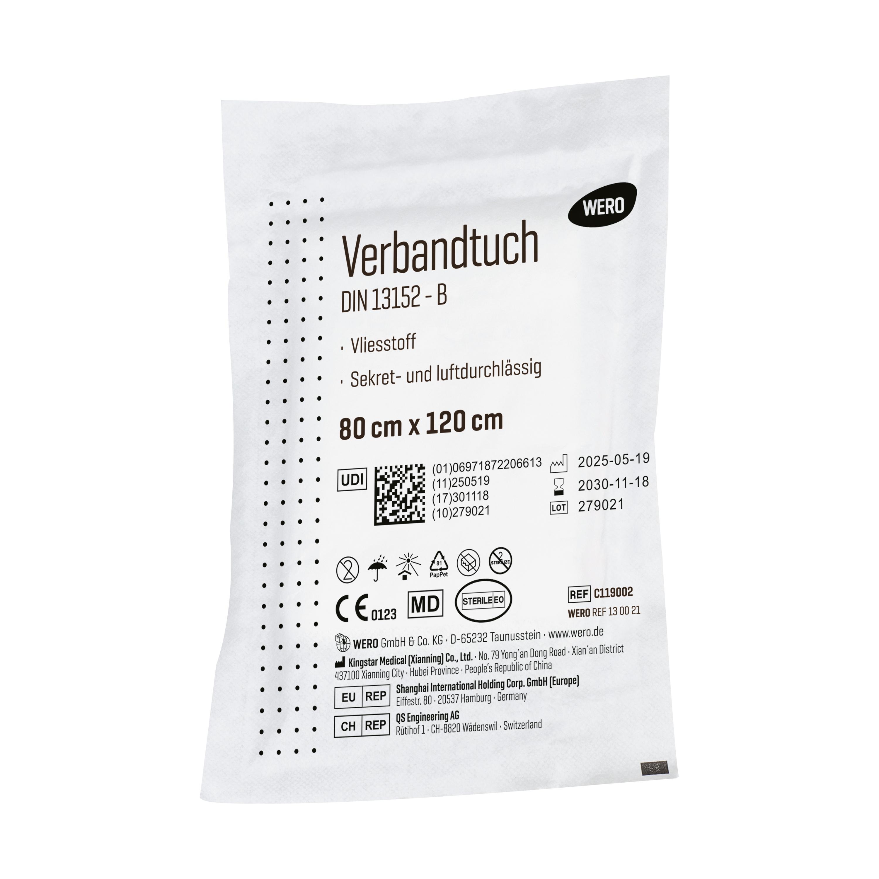 Steril verpacktes Verbandtuch DIN 13152, 80 cm, 1 Stk, geeignet zur druckfreien Abdeckung großflächiger Verletzungen.