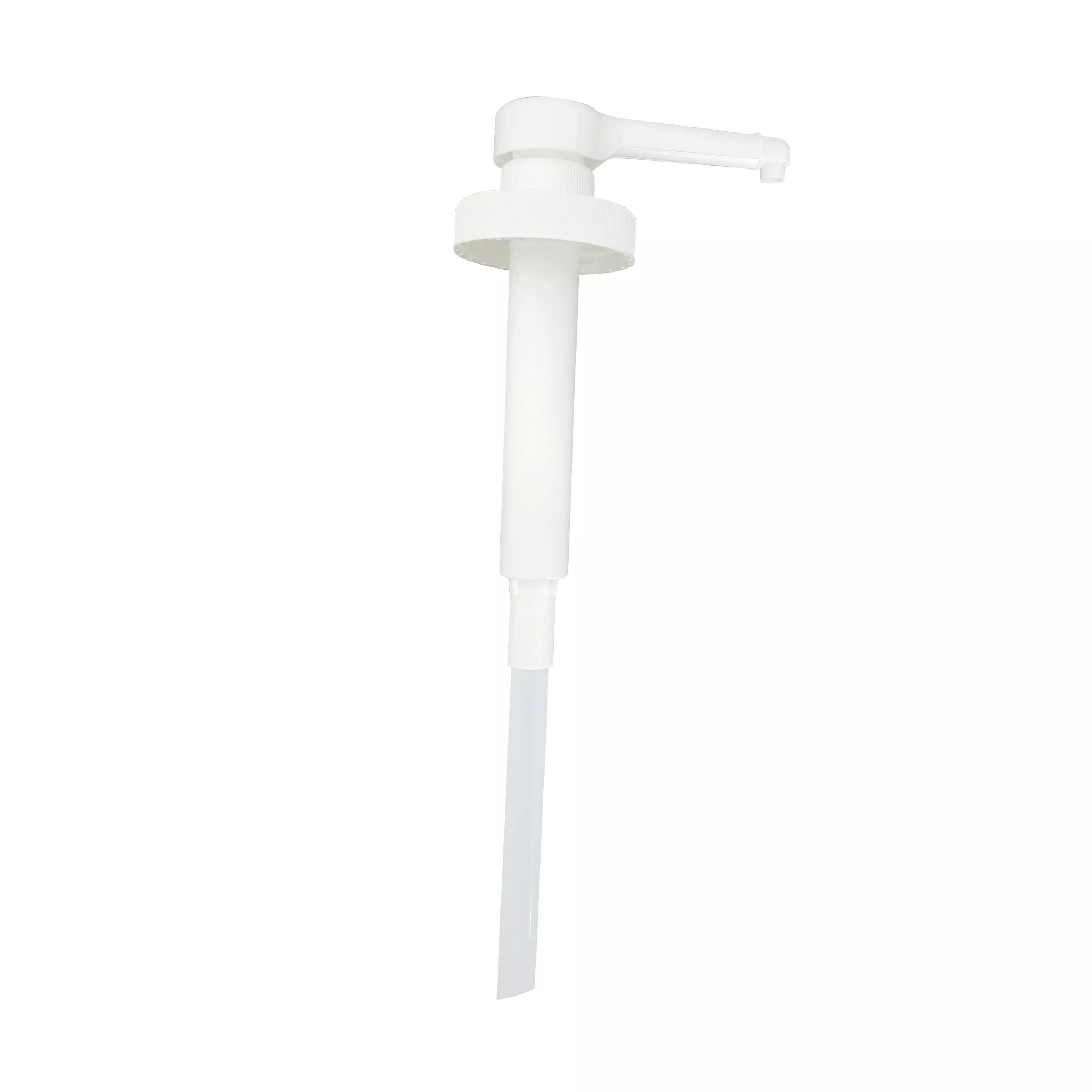 Weiße Dosierpumpen für 1.000 ml und 2.500 ml Flaschen mit langem Auslassrohr und flexiblem Silikonschlauch, passend für Ø 53 mm Flaschenhals.