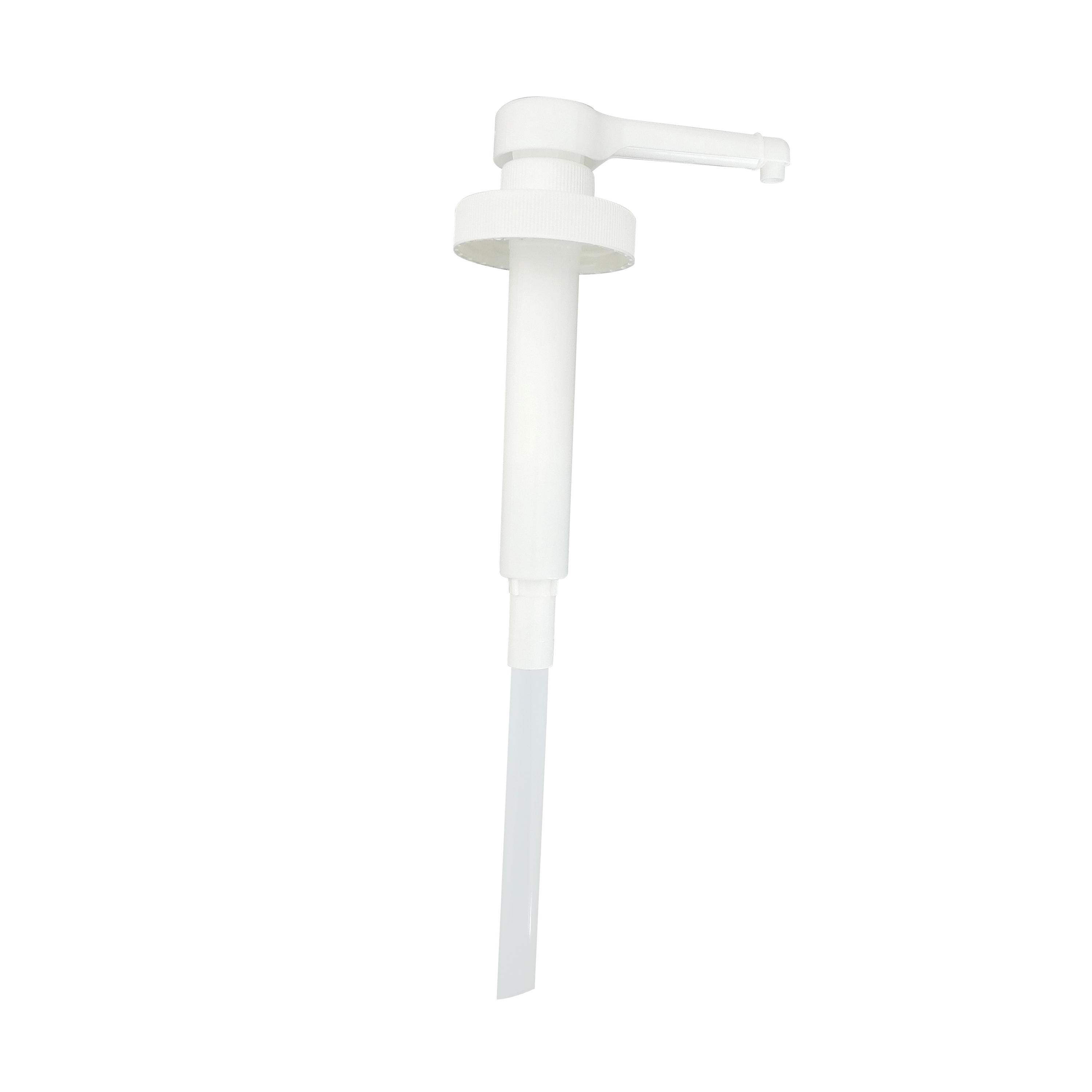 Weiße Dosierpumpen für 1.000 ml und 2.500 ml Flaschen mit langem Auslassrohr und flexiblem Silikonschlauch, passend für Ø 53 mm Flaschenhals.