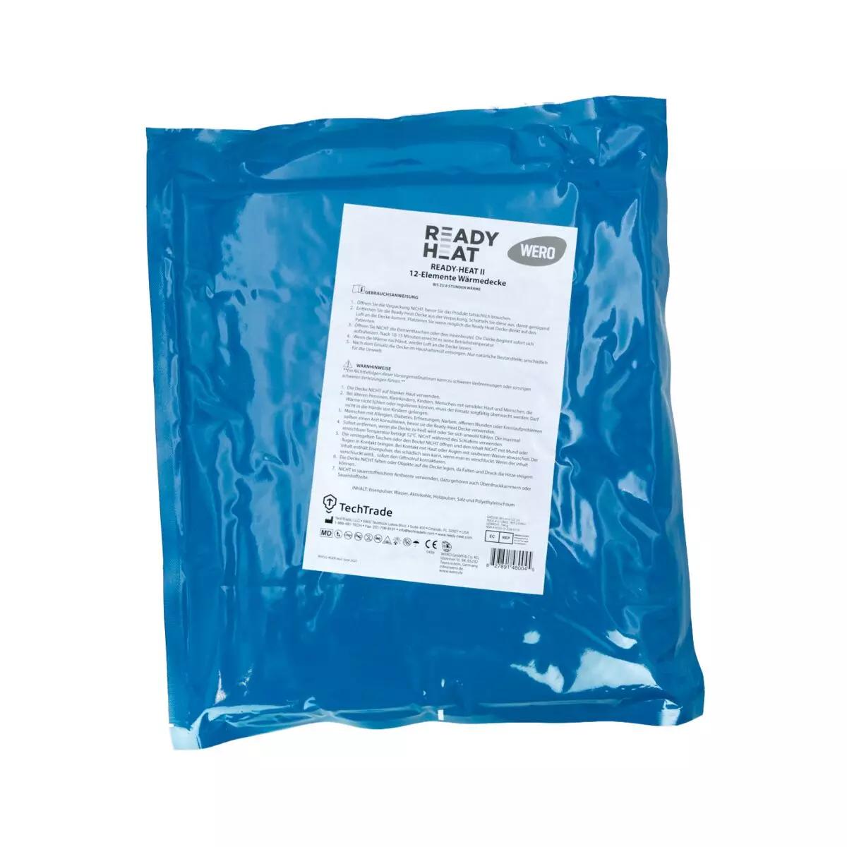 Eine versiegelte blaue Verpackung der Ready-Heat™ - 12-Element-Decke mit weißem Etikett und Produktinformationen in mehreren Sprachen.