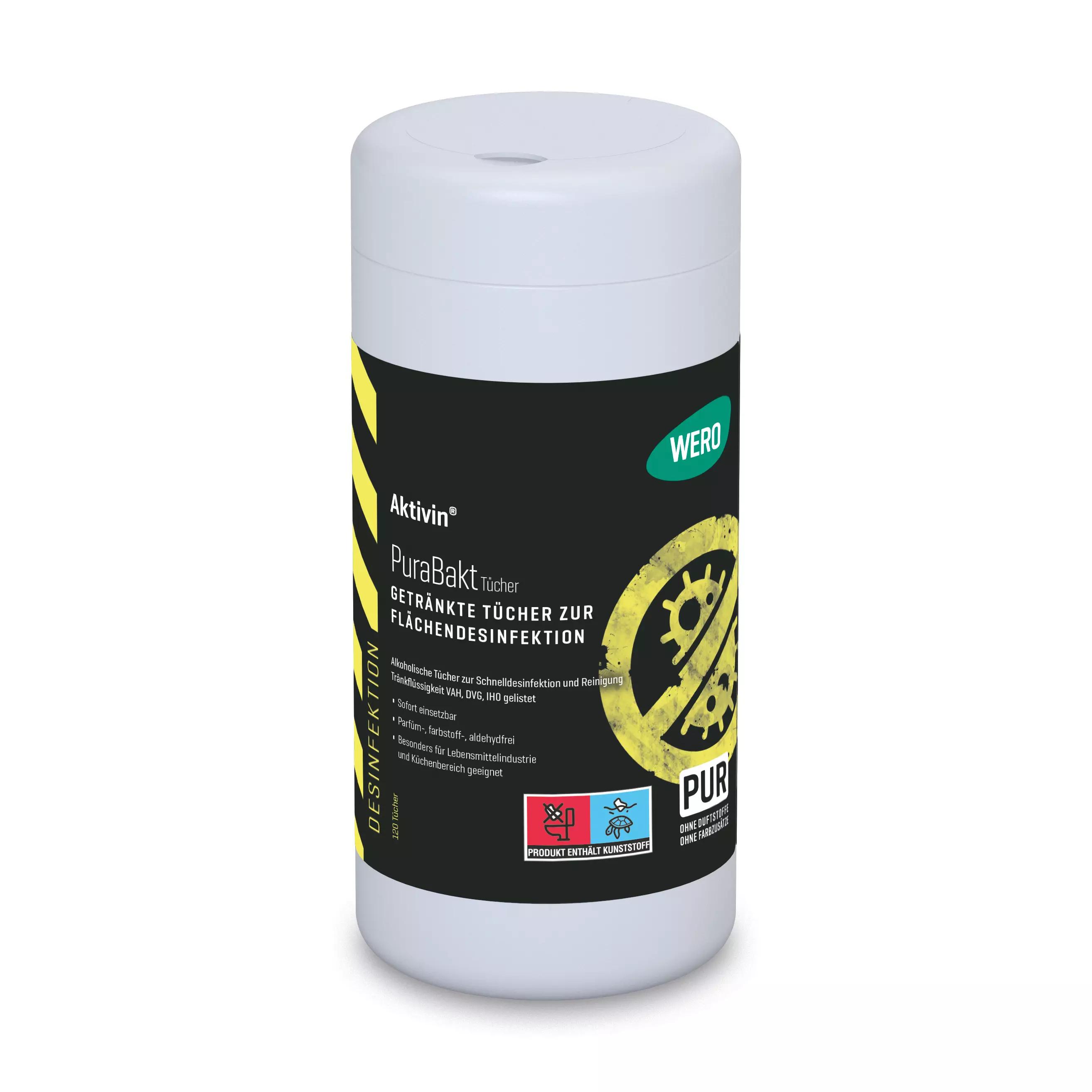 Eine weiße Spenderbox Flächendesinfektionstücher Aktivin® PuraBakt, mit gelb-schwarzem Etikett für bakterizide, viruzide und levurozide Flächendesinfektion.