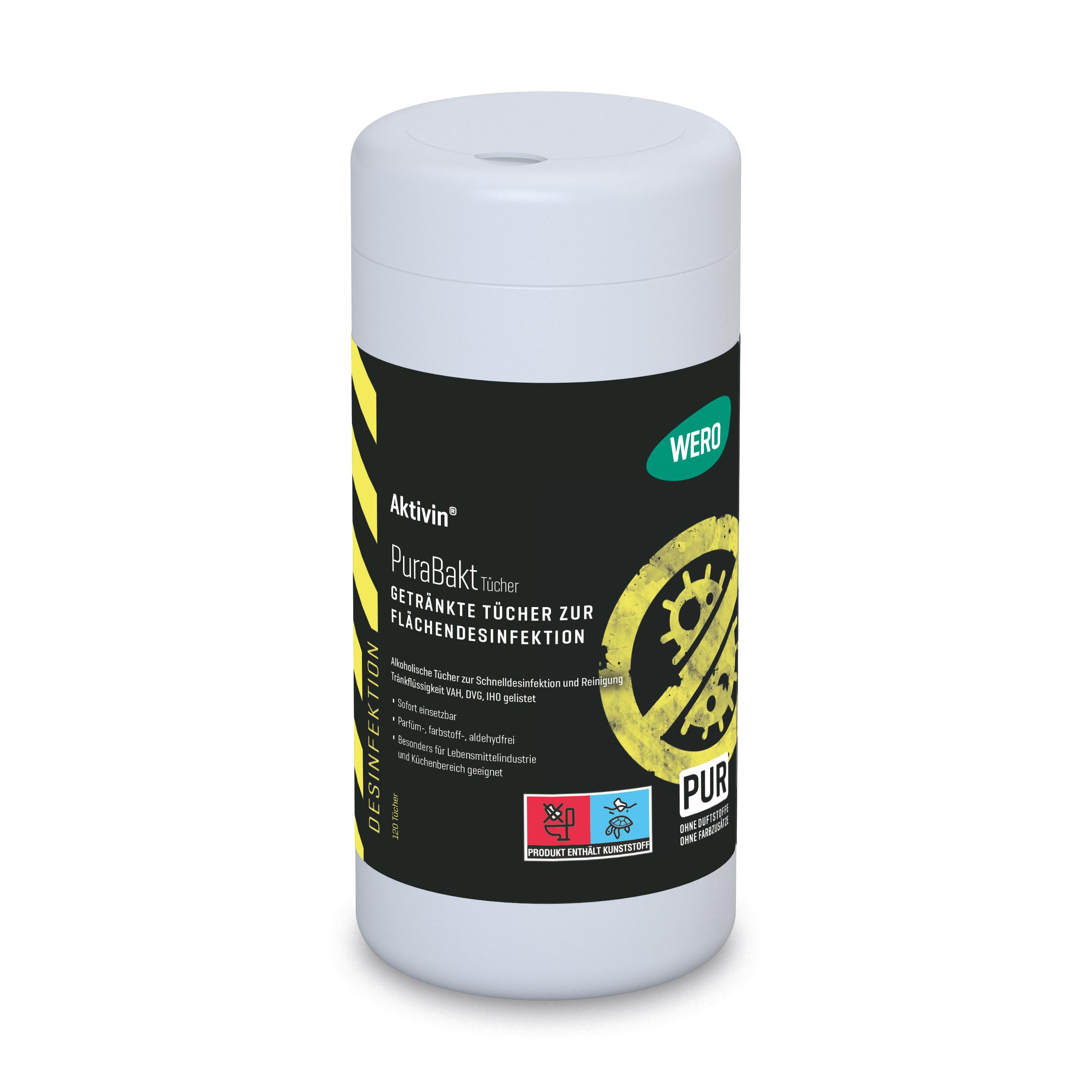 Eine weiße Spenderbox Flächendesinfektionstücher Aktivin® PuraBakt, mit gelb-schwarzem Etikett für bakterizide, viruzide und levurozide Flächendesinfektion.
