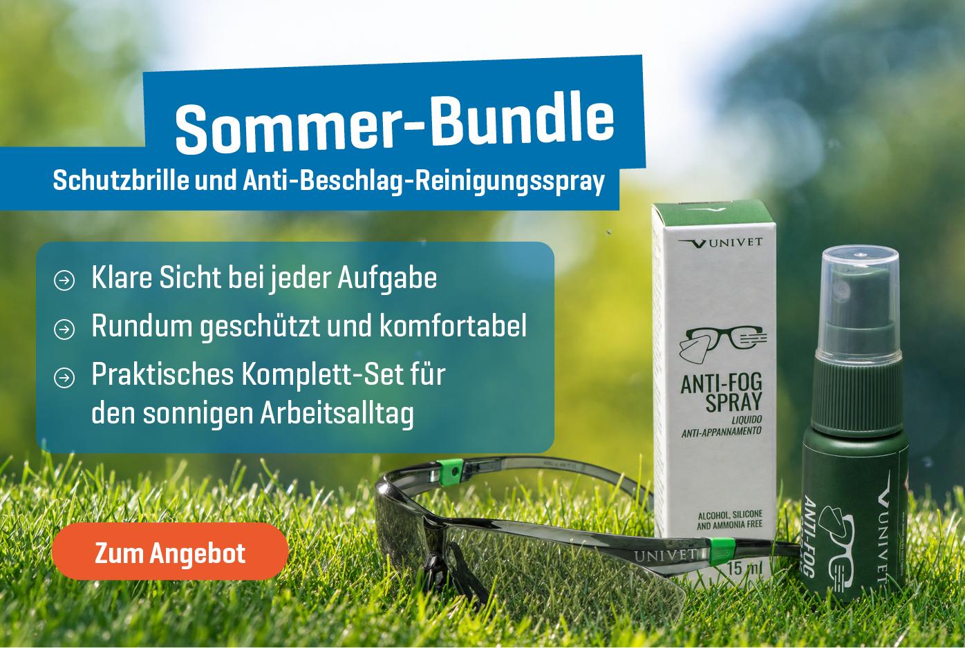 Univet Sonnenbrille, Anti-Beschlag-Spray und Sprühflasche als Sommer-Bundle auf Gras mit Angebotskennzeichnung