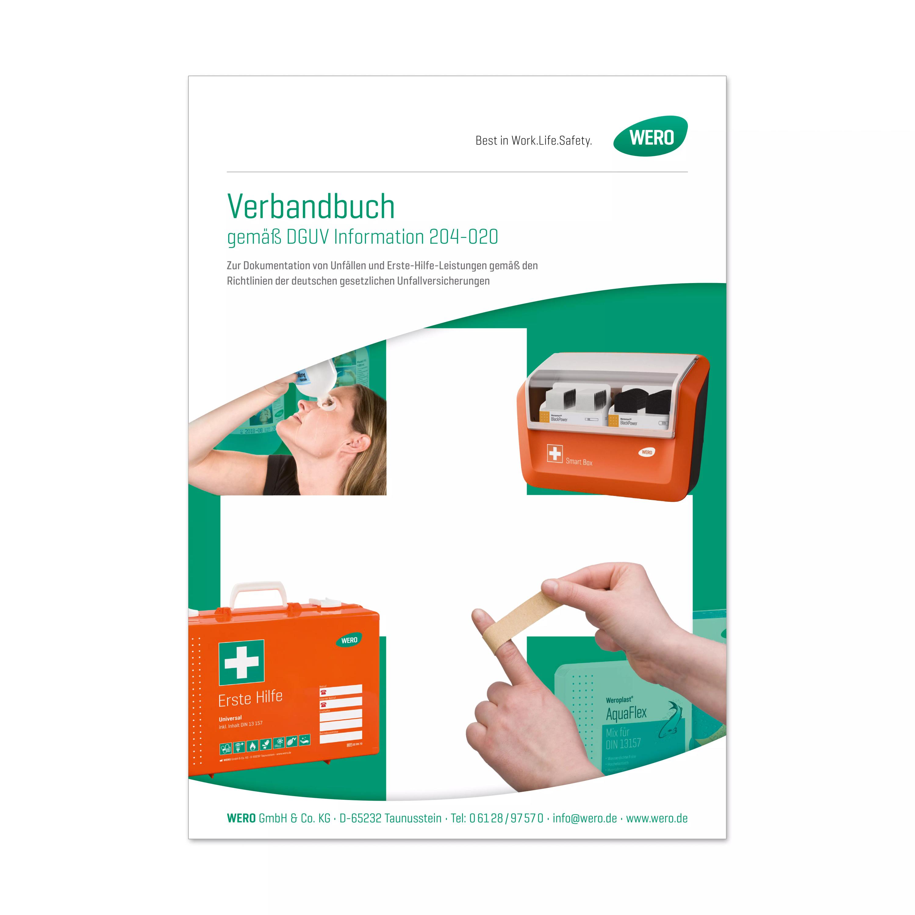 Ein grünes Poster zeigt das WERO Verbandbuch - DIN A4 mit Schwerpunkt auf Musterseite, vertraulicher Aufbewahrung und effizienter Dokumentation am Arbeitsplatz.