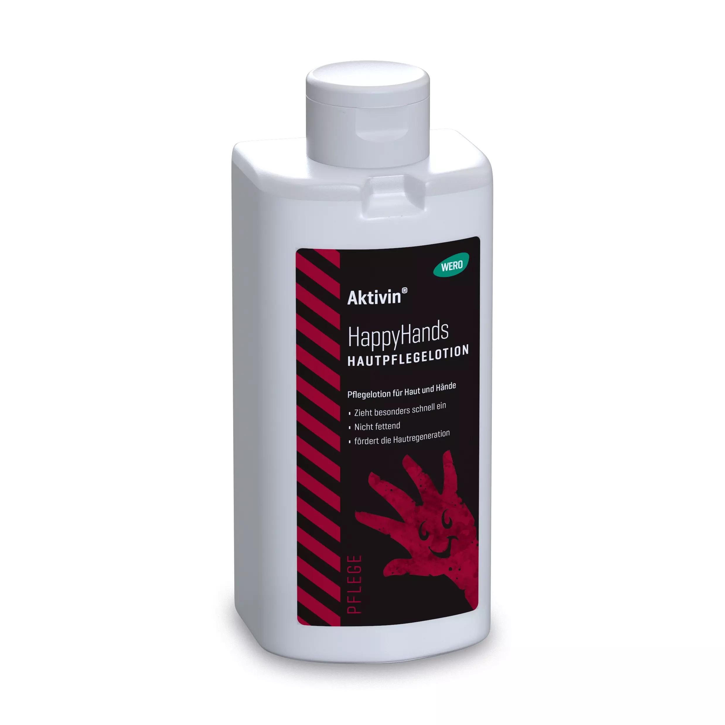 Weiße Kunststoffflasche Hautpflegelotion Aktivin® HappyHands 500 ml mit schwarzem und rotem Streifendesign sowie klar lesbarem Etikett und Klappverschluss.