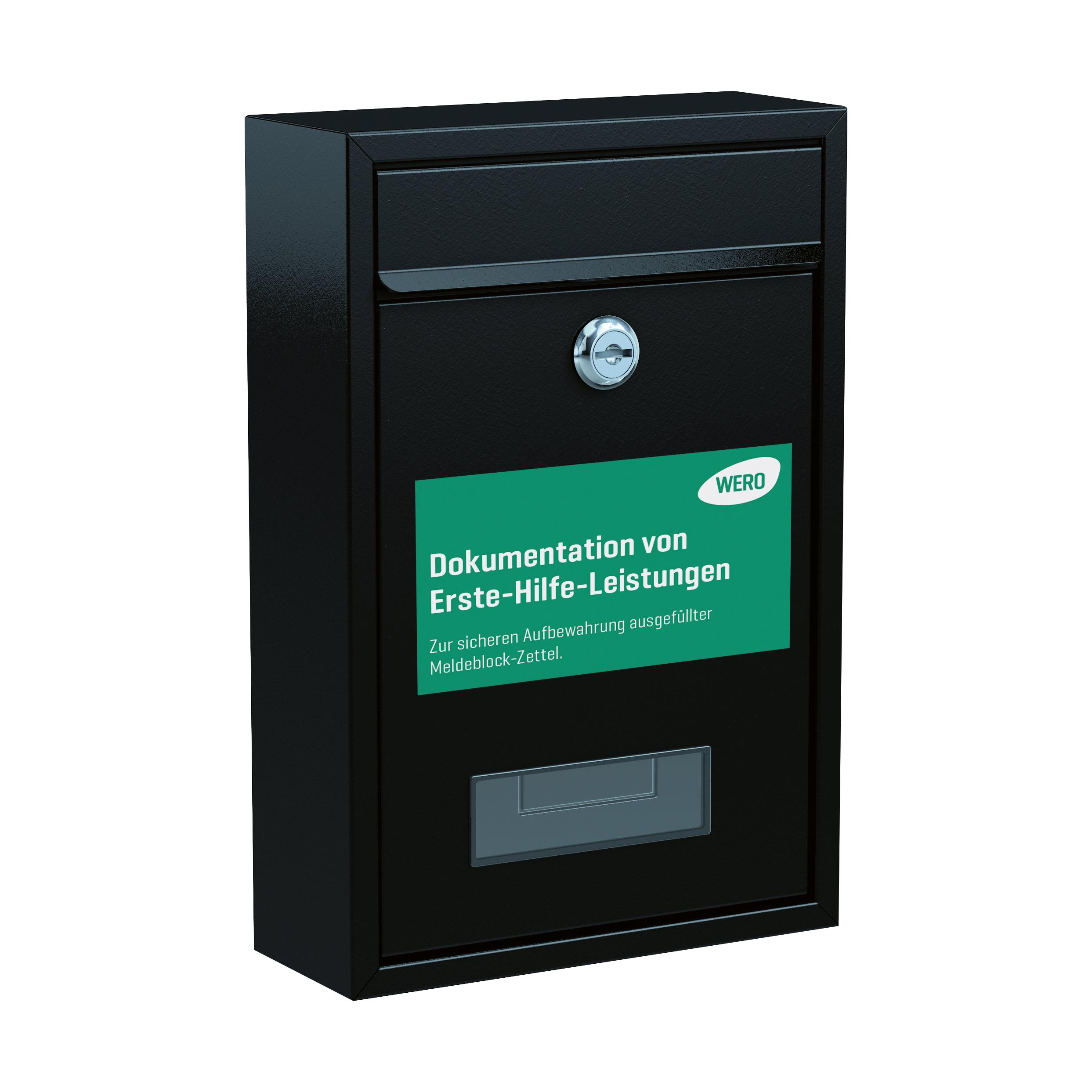 Schwarzer Briefkasten für Meldeblock-Zettel aus Metall mit grünem Hinweisetikett, Sichtfenster, silbernem Schloss und kleinem Griff vorn.
