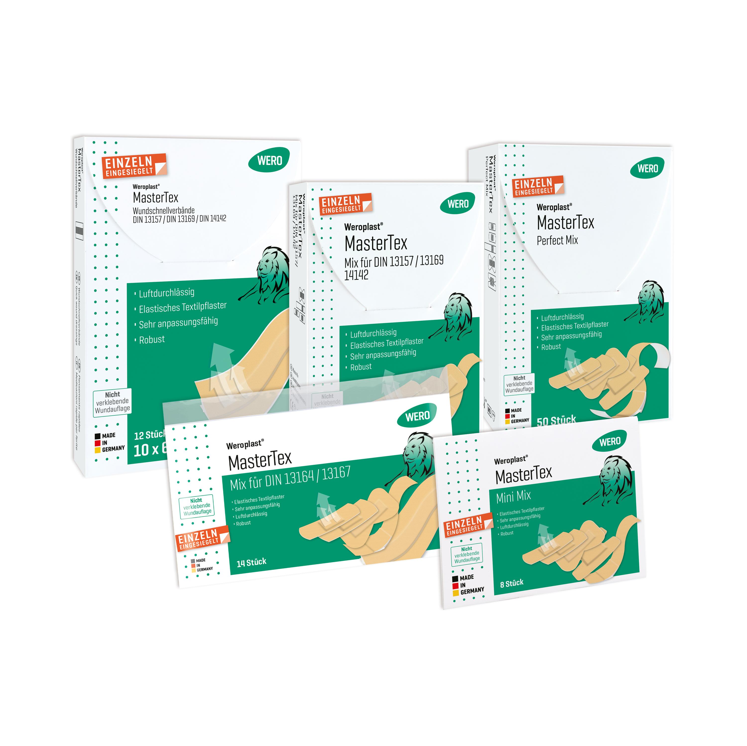 Sieben verschiedene MasterTex Wundverbände in weißen Verpackungen mit grün-blauen Akzenten und Weroplast Logo, sortiert angeordnet.