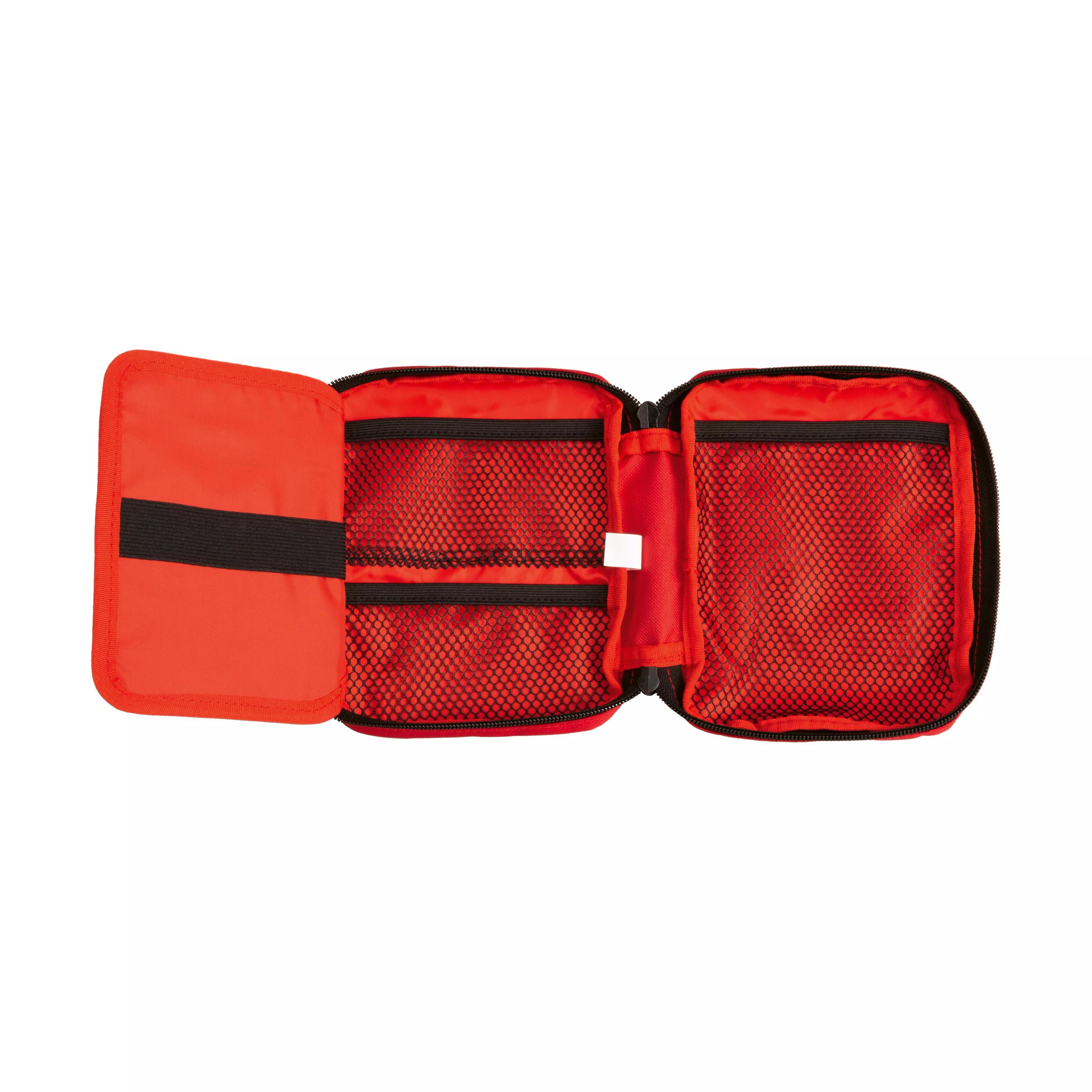 Die WERO Erste Hilfe Tasche - klein aus rotem Nylon 600D zeigt zwei separate Fächer mit schwarzen Reißverschlüssen, Gürtelschlaufe und Tragegriff.