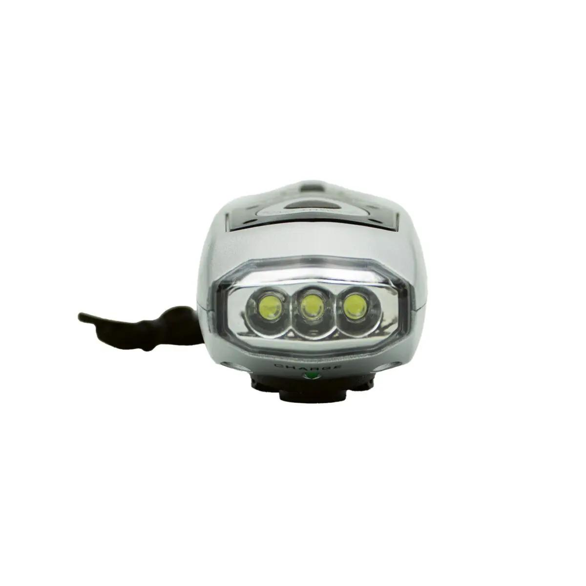 Taschenlampe Varta Dynamo Light LED mit rechteckigem, silber-schwarzem Gehäuse, drei LED-Leuchten und schwarzem Befestigungsriemen am Lenker.