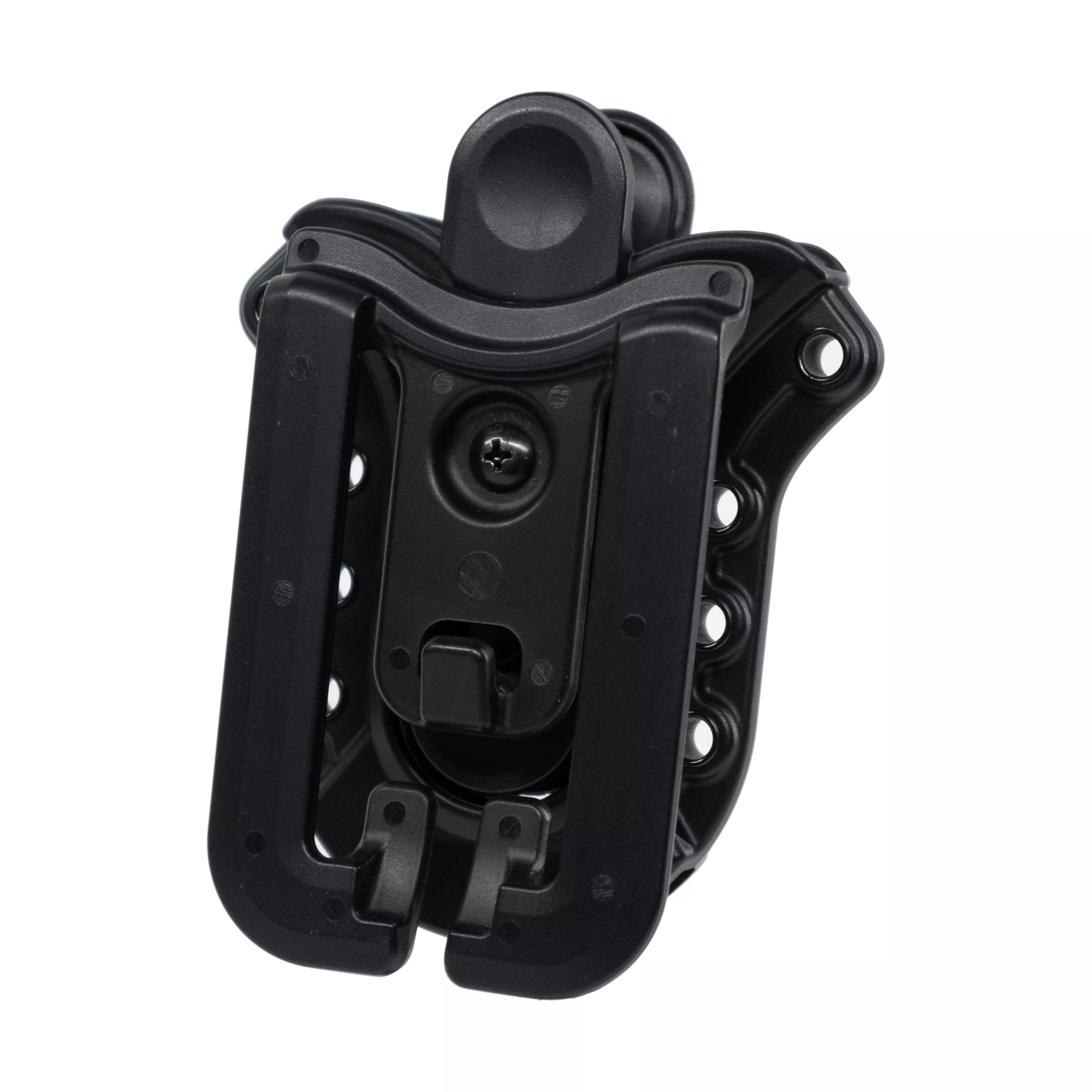 Schwarzes Kunststoffholster mit Befestigungslöchern, gebogenem Rand und Klemme zur sicheren Aufnahme und Befestigung einer Waffe.