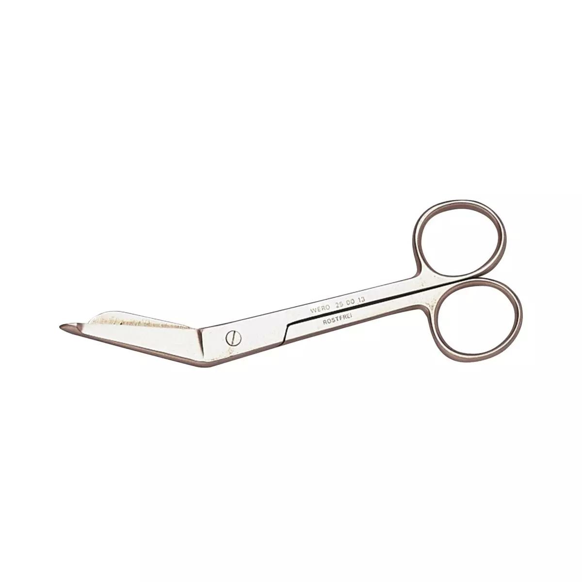 Silberne Listerschere, 14 cm, rostfrei und kniegebogen, liegt geöffnet auf weißem Untergrund mit goldfarbenen Klingen und sichtbarer Gravur.