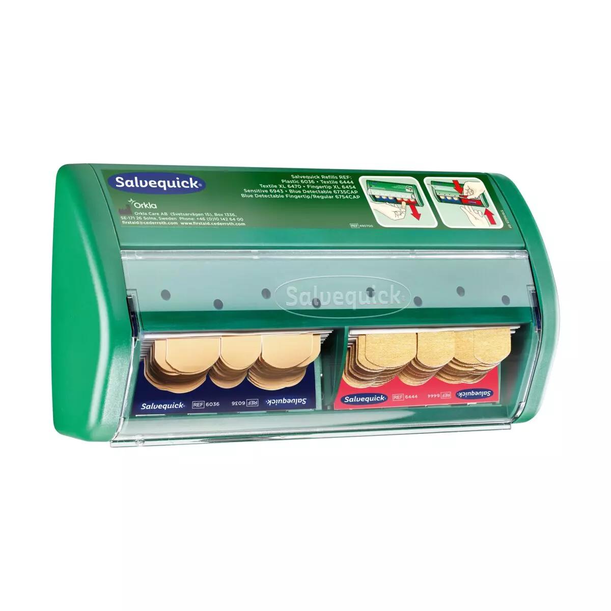 Salvequick® Sofortpflaster-Spender PRO mit durchsichtigem Deckel, Spezialschlüssel, Befestigungs-Set und gefüllten Pflasterstrips in verschiedenen Größen.