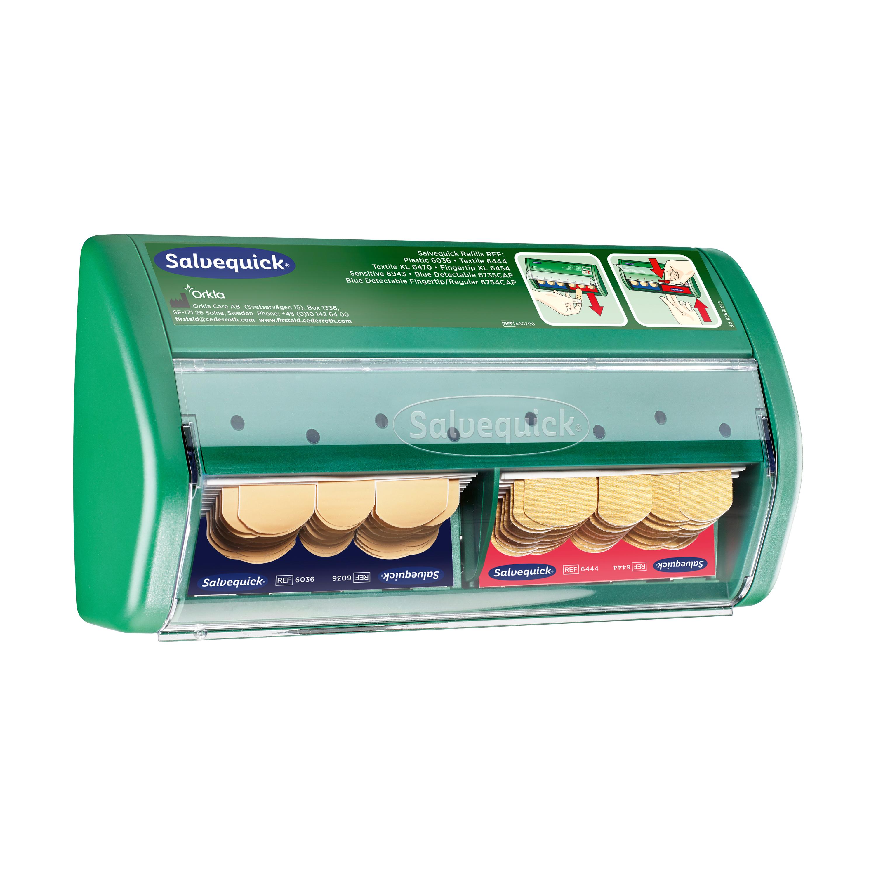 Salvequick® Sofortpflaster-Spender PRO mit durchsichtigem Deckel, Spezialschlüssel, Befestigungs-Set und gefüllten Pflasterstrips in verschiedenen Größen.