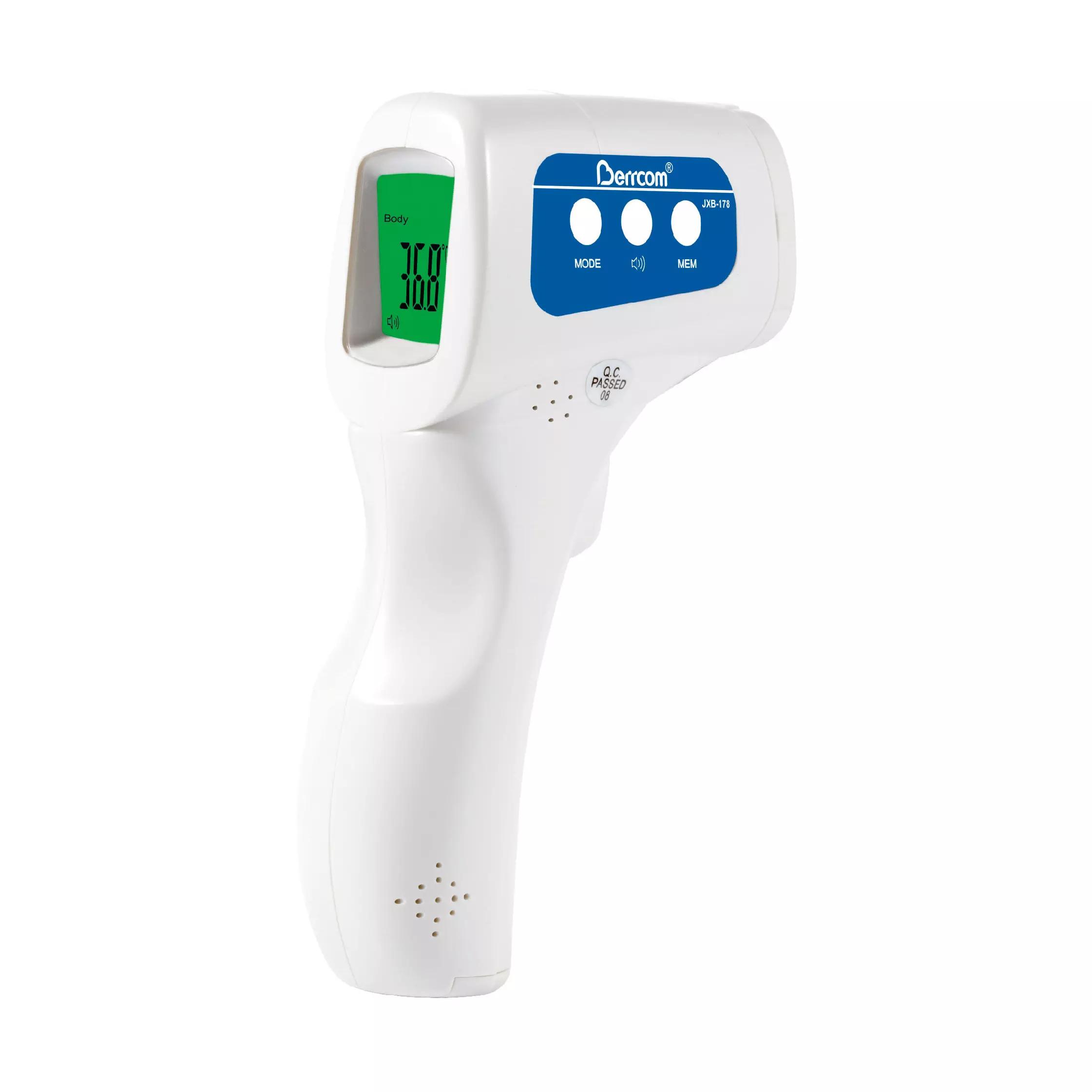 Ein Berührungsloses Infrarot-Thermometer Berrcom JXB-178 mit großem LCD-Display, ergonomischem Griff und präziser Temperaturanzeige von 36,8°C.