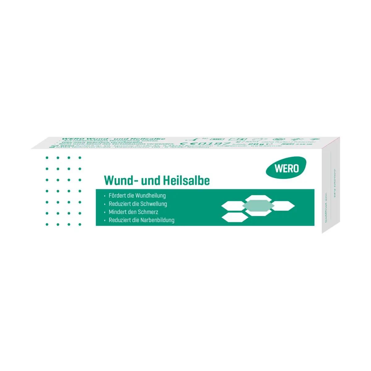 Eine weiße Box WERO Wund- und Heilsalbe mit grünem Etikett, Hinweis auf reduzierte Schorf- und Narbenbildung sowie für Prellungen geeignet.
