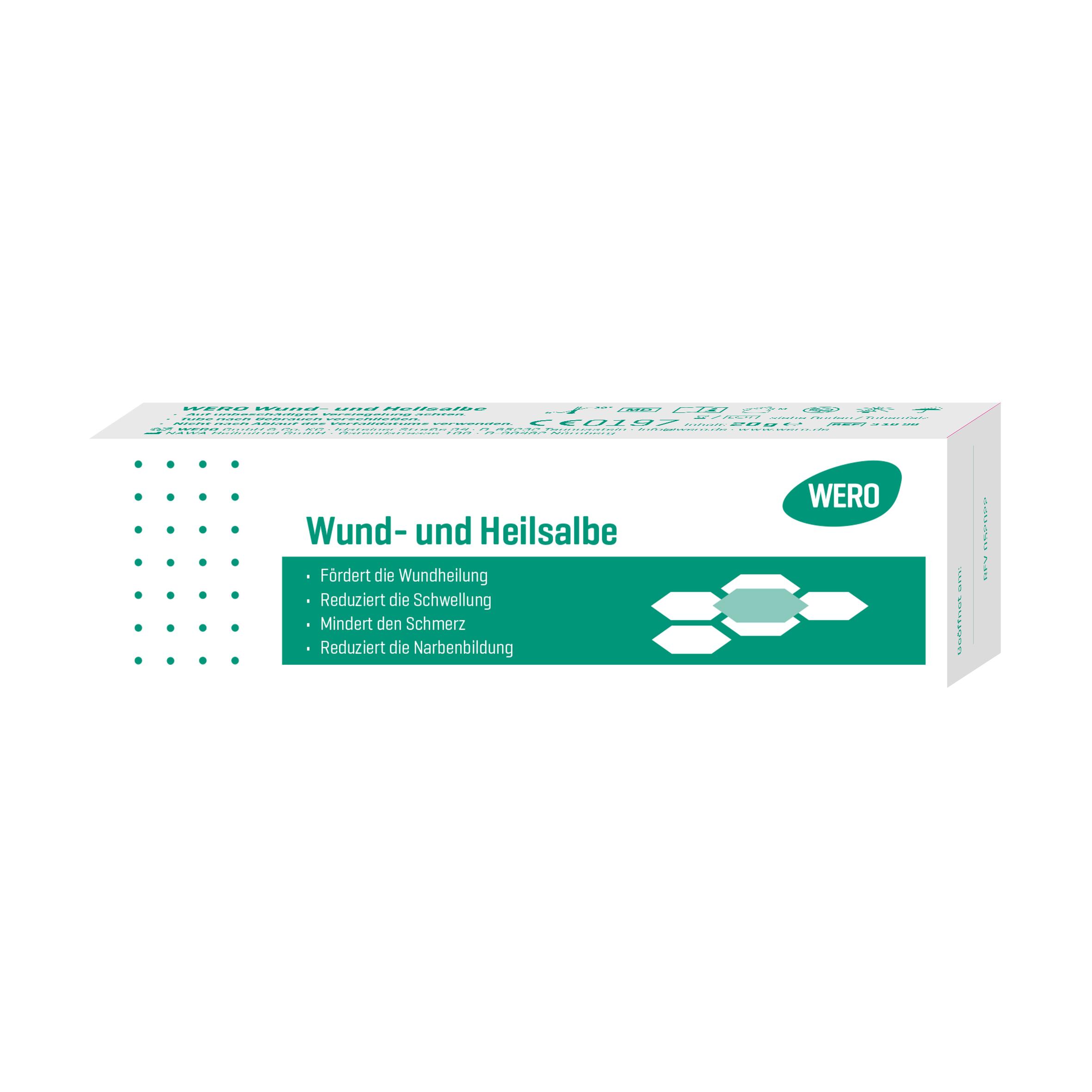 Eine weiße Box WERO Wund- und Heilsalbe mit grünem Etikett, Hinweis auf reduzierte Schorf- und Narbenbildung sowie für Prellungen geeignet.