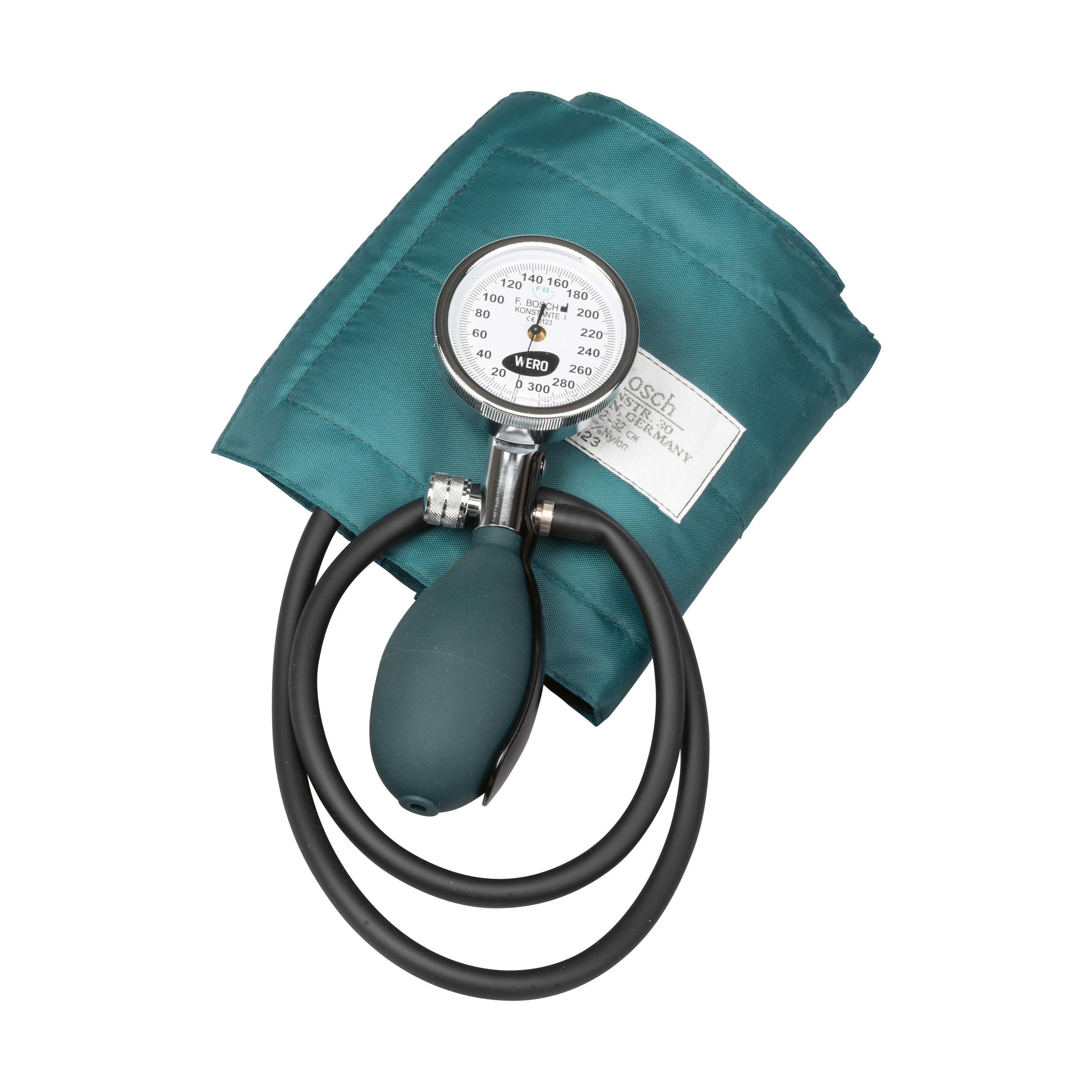 Blutdruckmessgerät mit weißem Ziffernblatt, schwarzem Griff und coiled Schlauch, ausgestattet mit Schraubventil zur einfachen Druckregulierung.