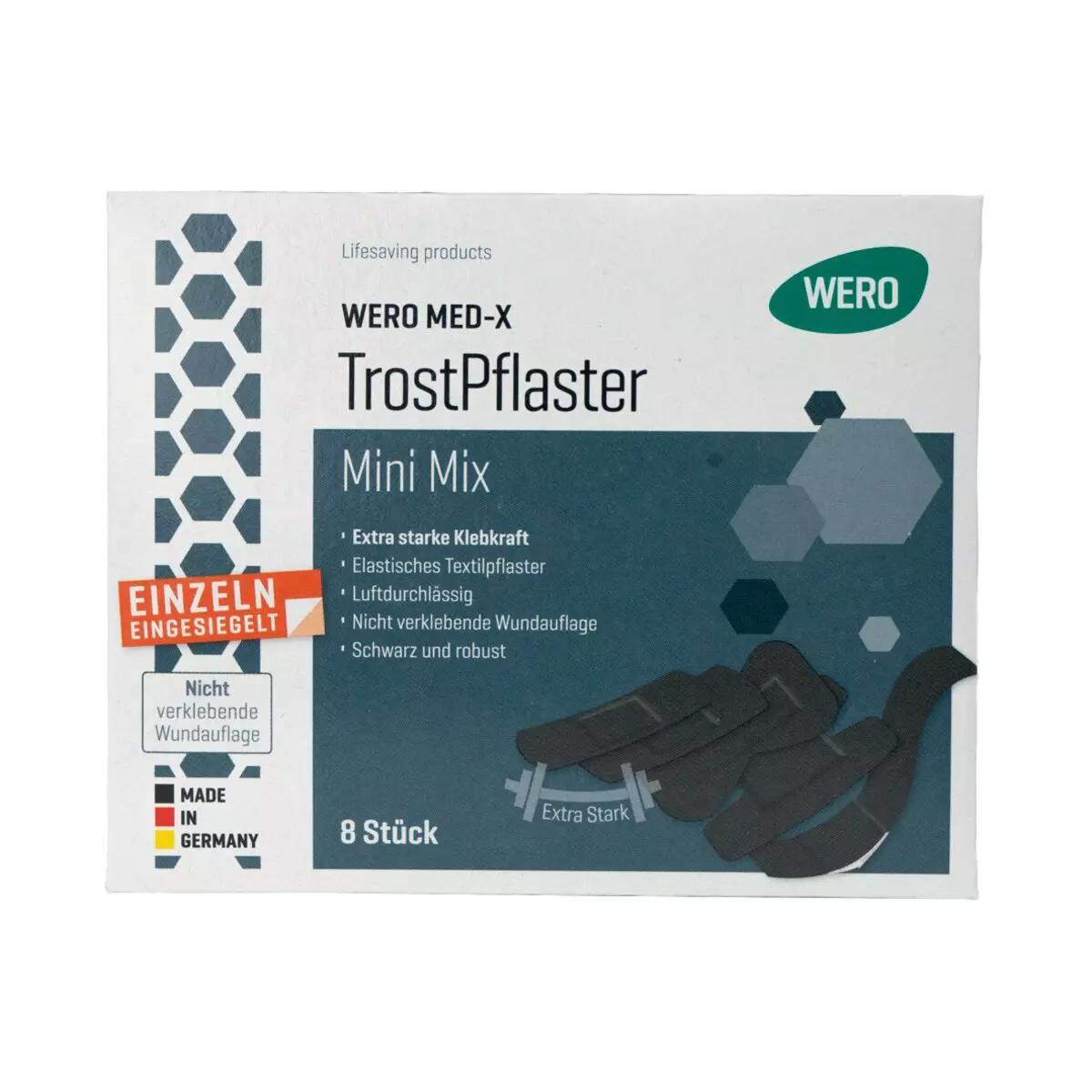 Weiße Box WERO MED-X® TrostPflaster Mini Mix mit blauem Etikett, zeigt 8 schwarze, extra stark haftende, längs- und querelastische Pflasterstrips.