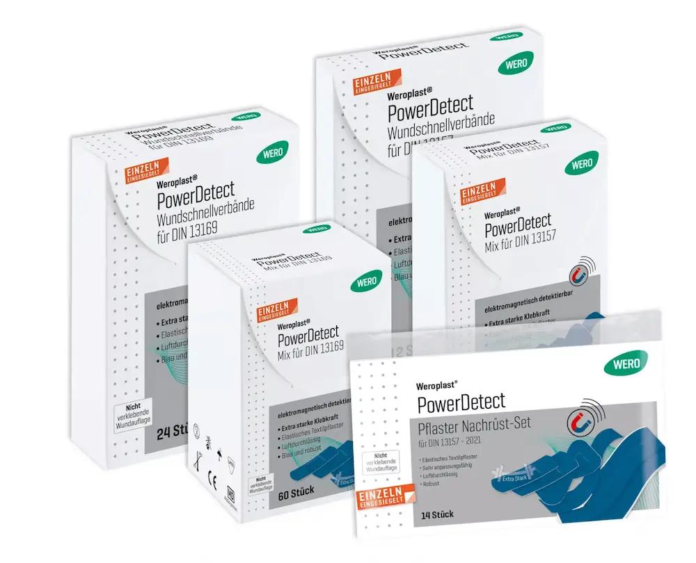Fünf Weroplast PowerDetect Boxen mit je 60 Sticks für elektronische Kraftdetektion an Dental- und Universal-Instrumenten.