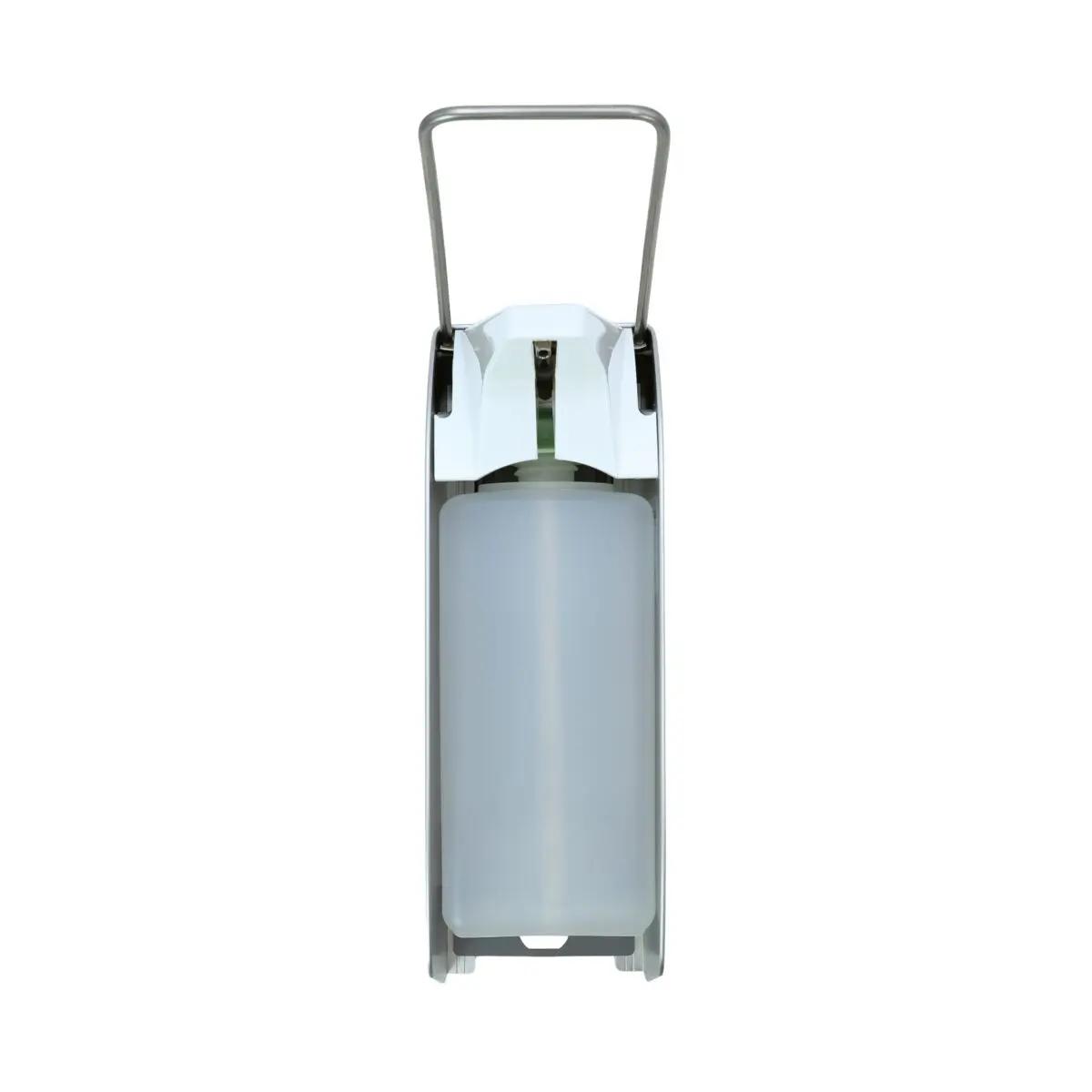 ALU-Direktspender für Flüssigseifen und Lotionen - 1.000 ml aus Metall mit Edelstahlpumpe, silbernem Hebelgriff und entnehmbarer Leerflasche.