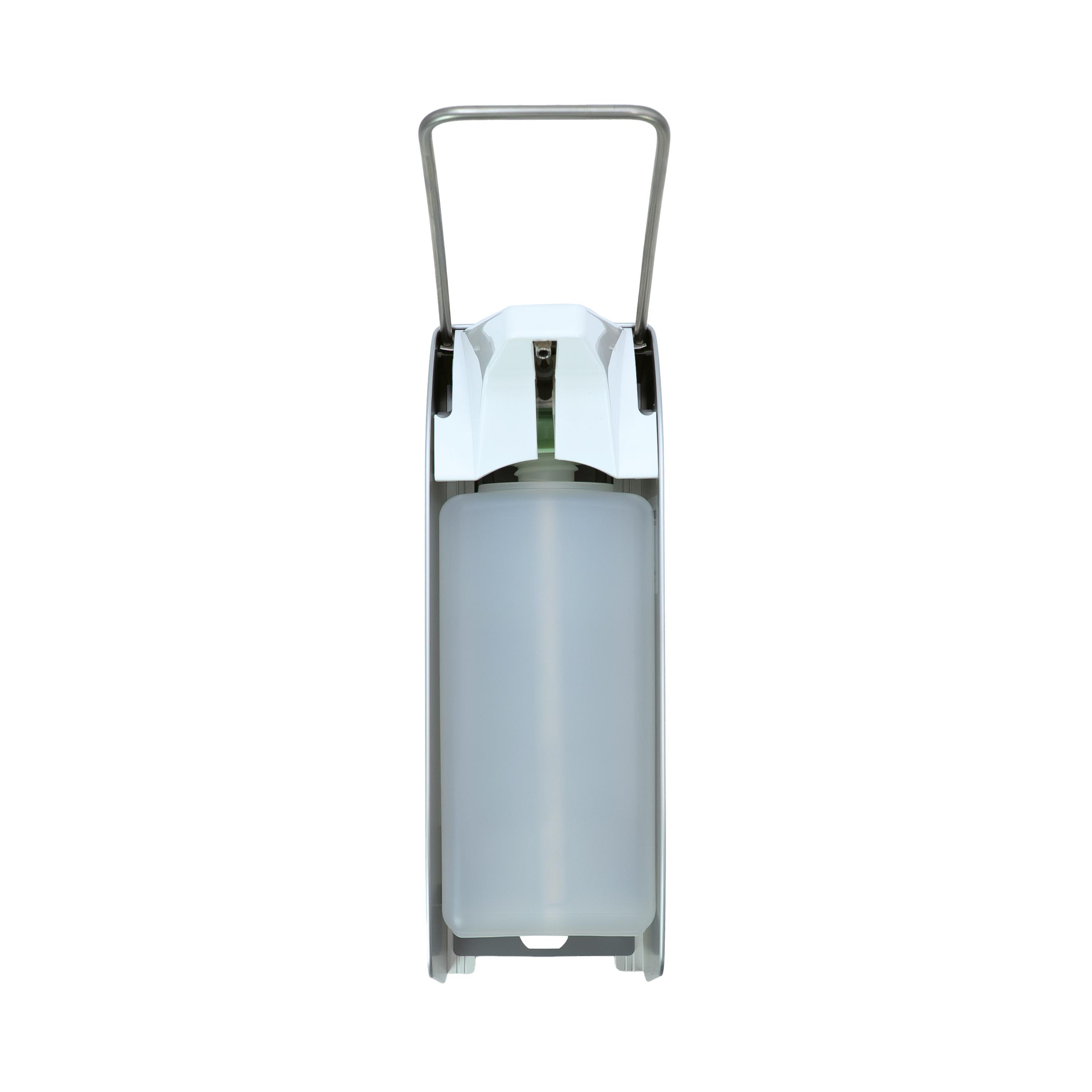 ALU-Direktspender für Flüssigseifen und Lotionen - 1.000 ml aus Metall mit Edelstahlpumpe, silbernem Hebelgriff und entnehmbarer Leerflasche.