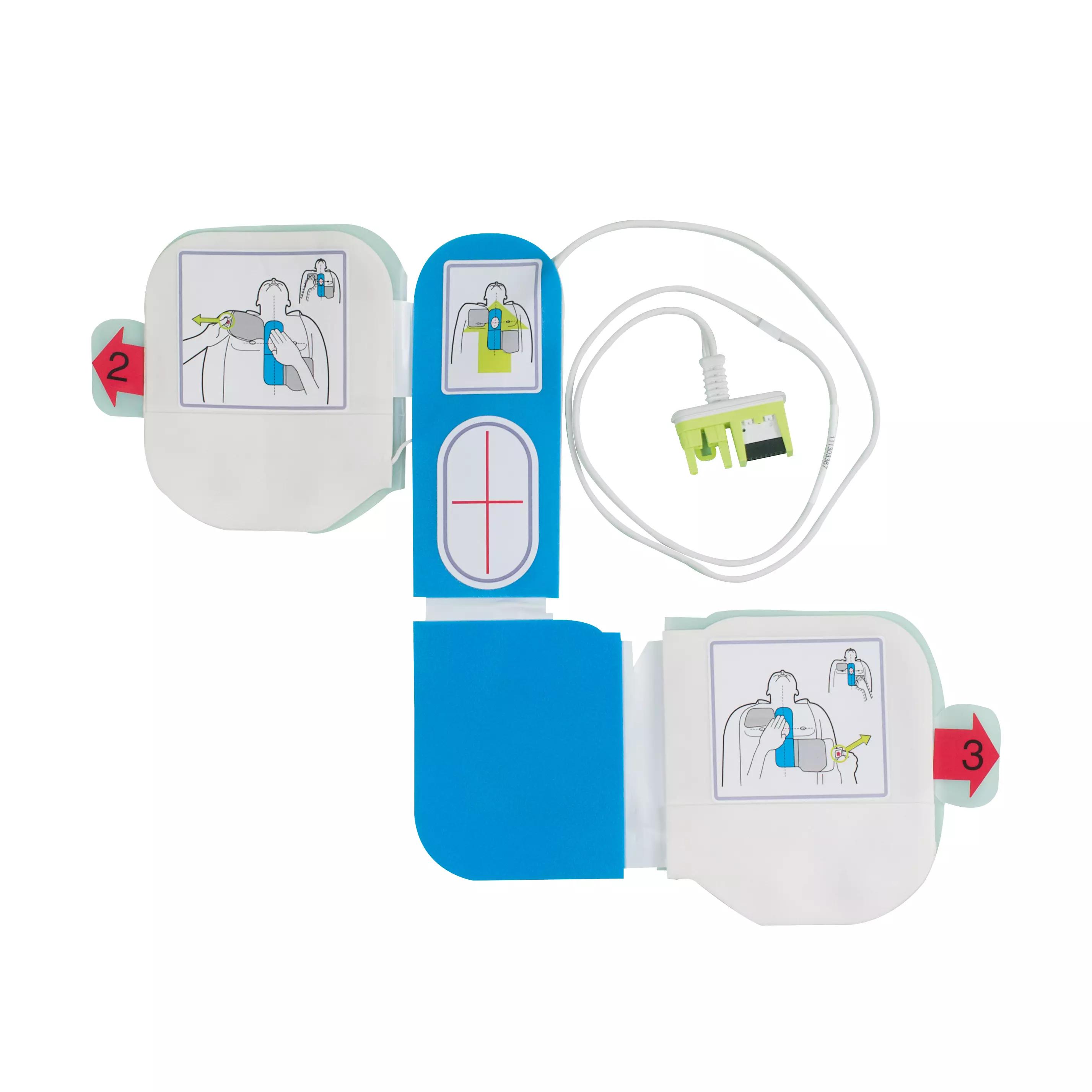Defibrillator mit angeschlossenen Elektroden ZOLL® AED CPR-D-padz®, einteilig, zeigt Markierungen für Handplatzierung und reales CPR-Feedback.