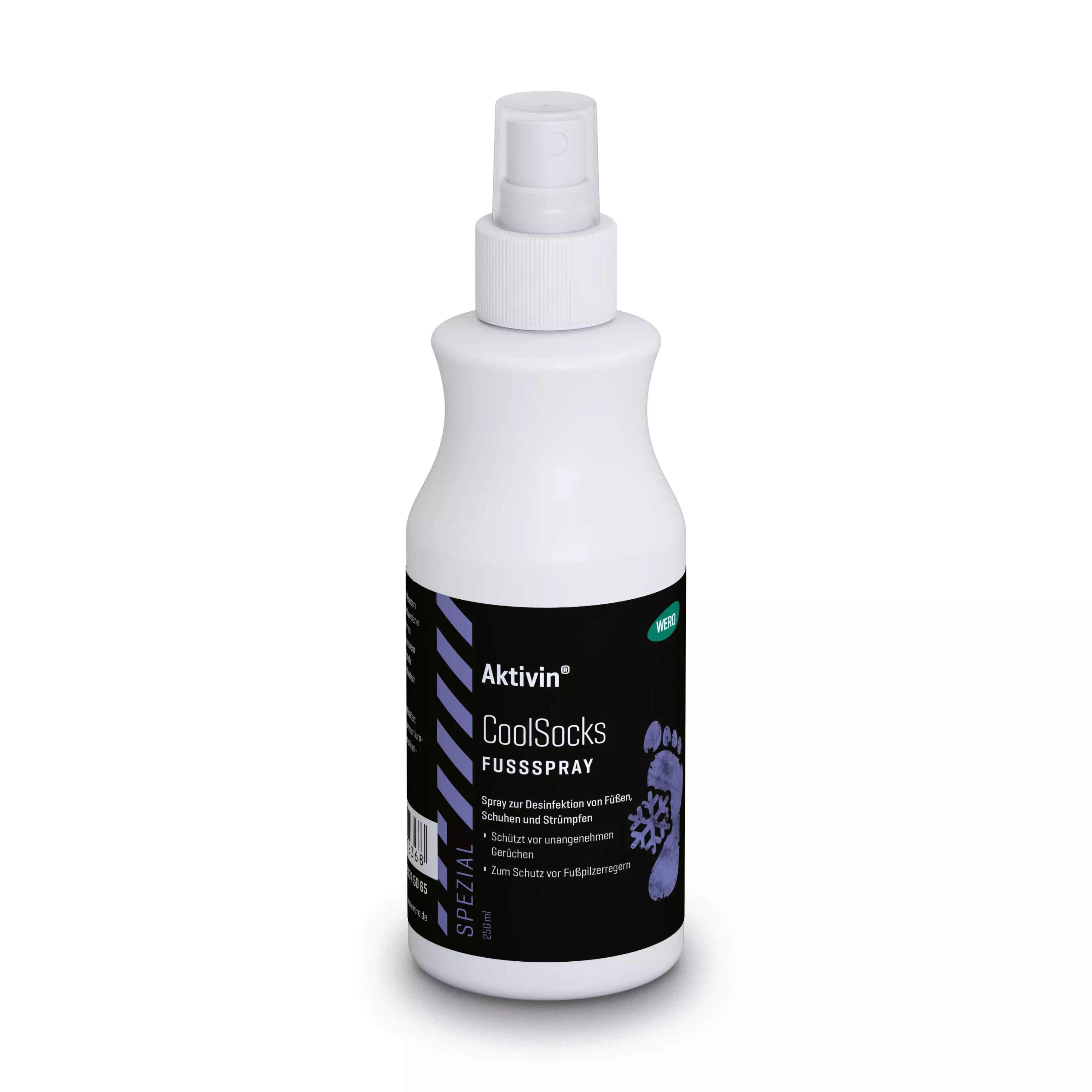 Weiße Pumpsprühflasche Fußspray Aktivin® CoolSocks, 250 ml, mit silbernem Deckel, antibakteriell, schütz vor Gerüchen und für flexibles Sprühen geeignet.