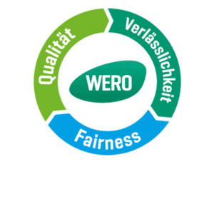 WERO Logo mit grünem Oval und den Begriffen Qualität, Verfassung, Verlässlichkeit in farbigen Segmenten