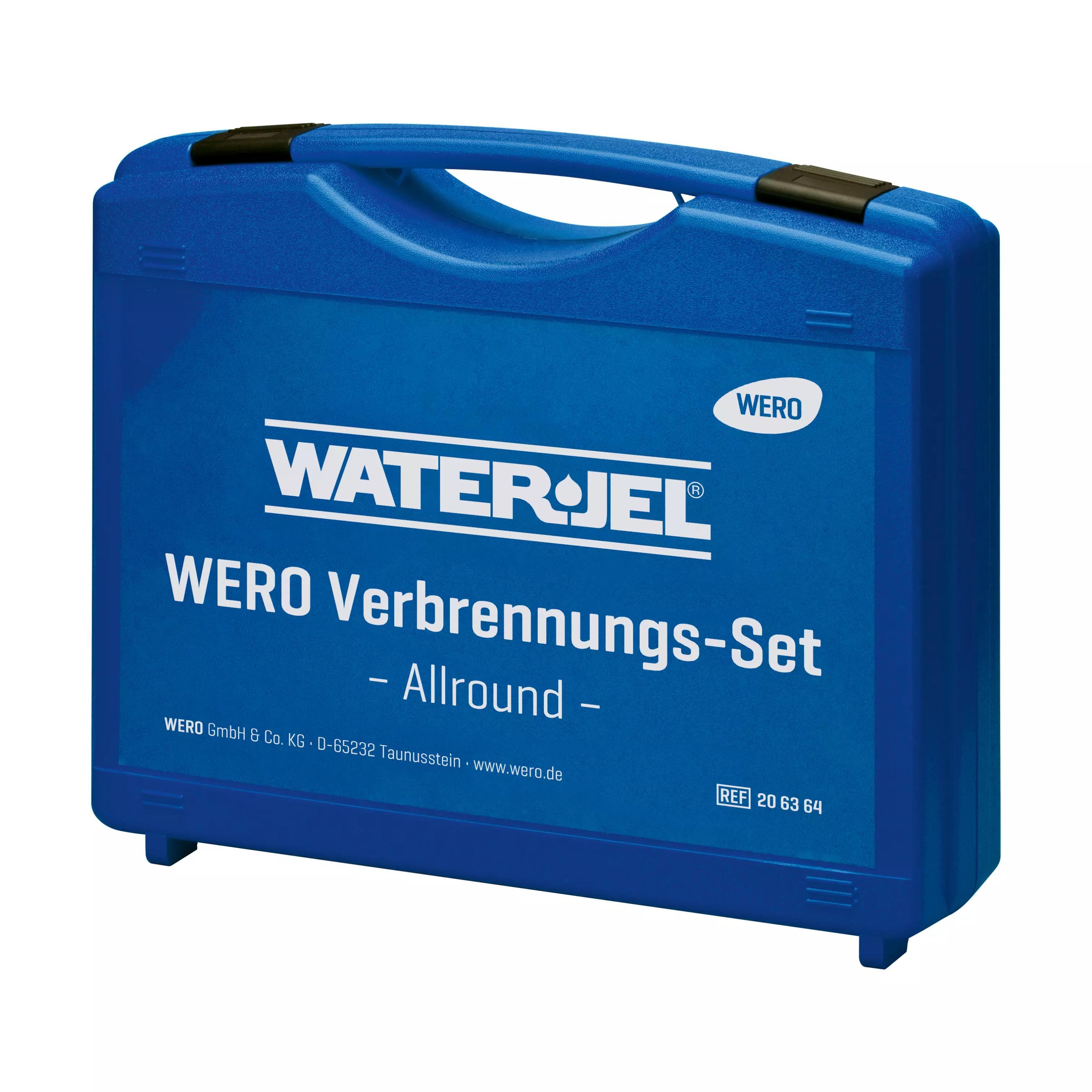Blauer WERO Verbrennungs-Set, Allround - Koffer mit Tragegriff, sichtbarem WATERJEL-Label und weißer Beschriftung auf der Vorderseite