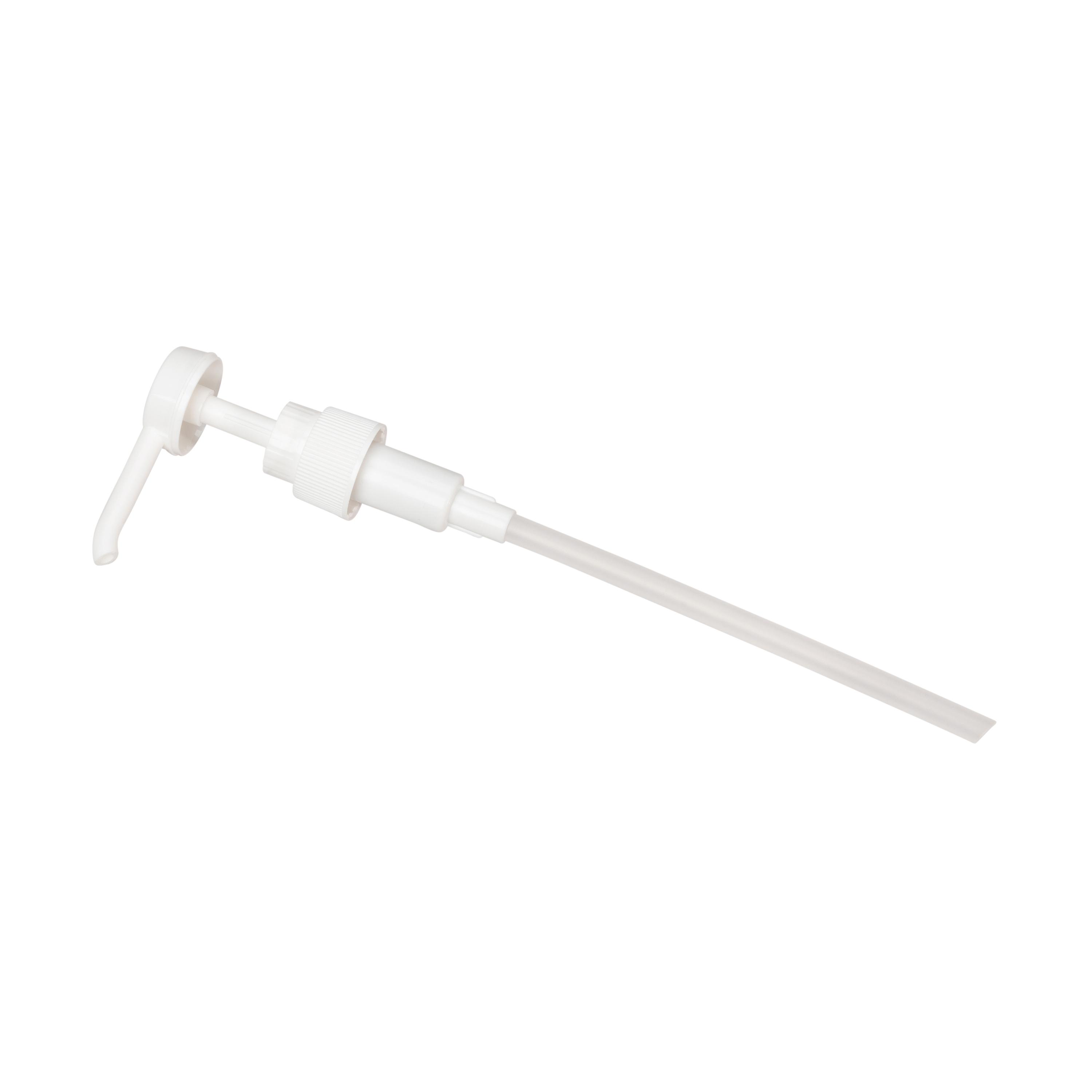 Ein Dosierpumpe für 500 ml / 1.000 ml, ø 23 mm mit langem Steigrohr und rundem Pumpkopf steht schräg im Vordergrund.