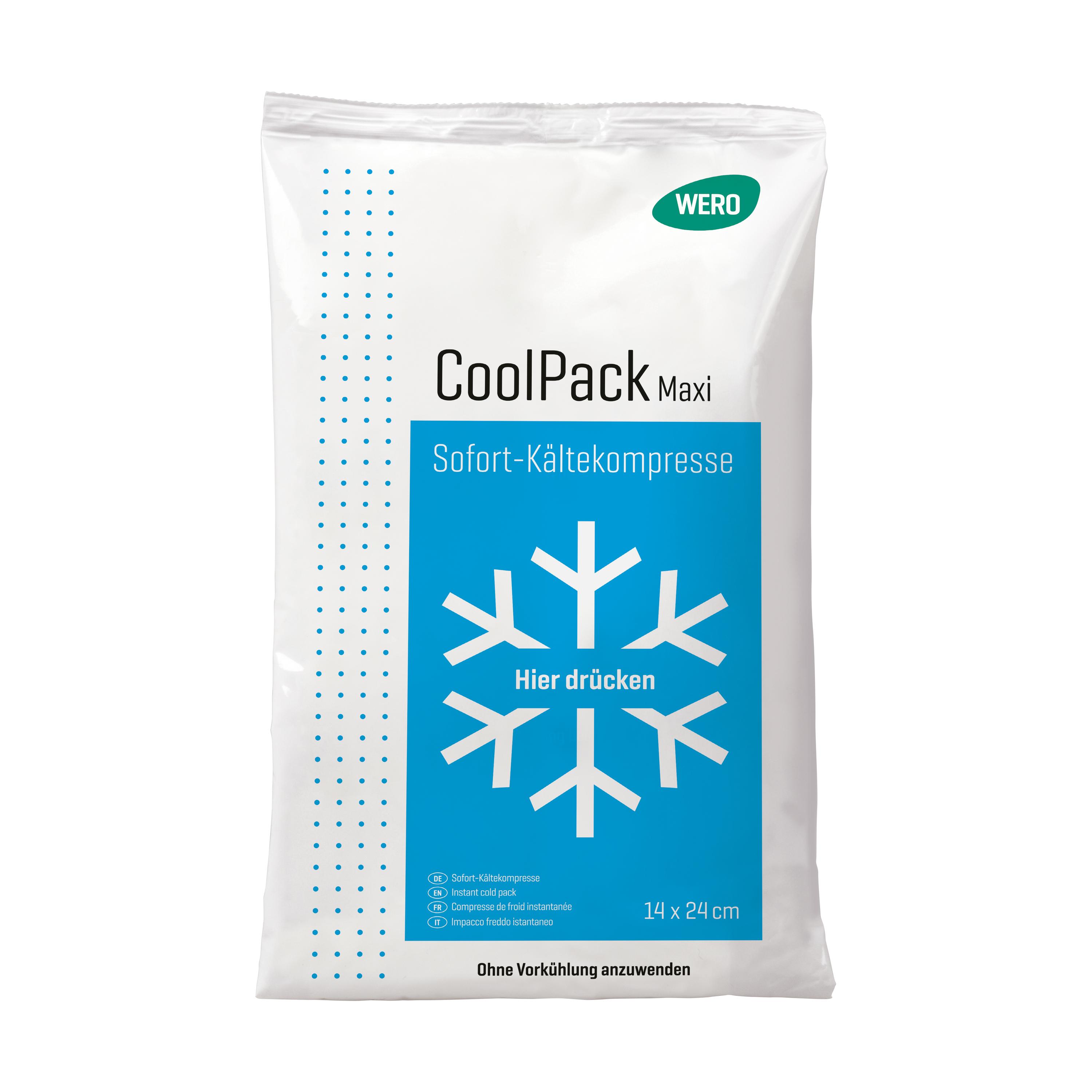 Weiße WERO CoolPack Sofort-Kältekompresse - Maxi, einzeln verpackt, mit blauem Schneeflockenmotiv und Produktinfos wie Größe 14 x 24 cm auf der Vorderseite.