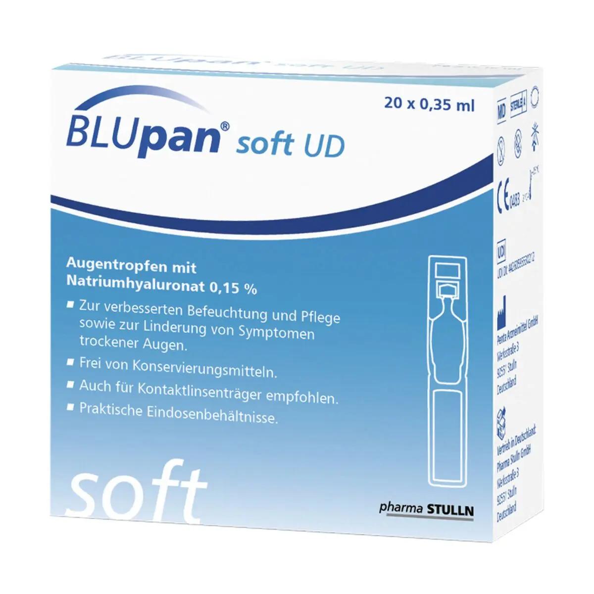 Auf dem Bild ist eine Box Augentropfen BLUpan soft UD mit 20 sterilen, konservierungsmittelfreien Einheiten und 0,15 % Natriumhyaluronat für Kontaktlinsenträger abgebildet.
