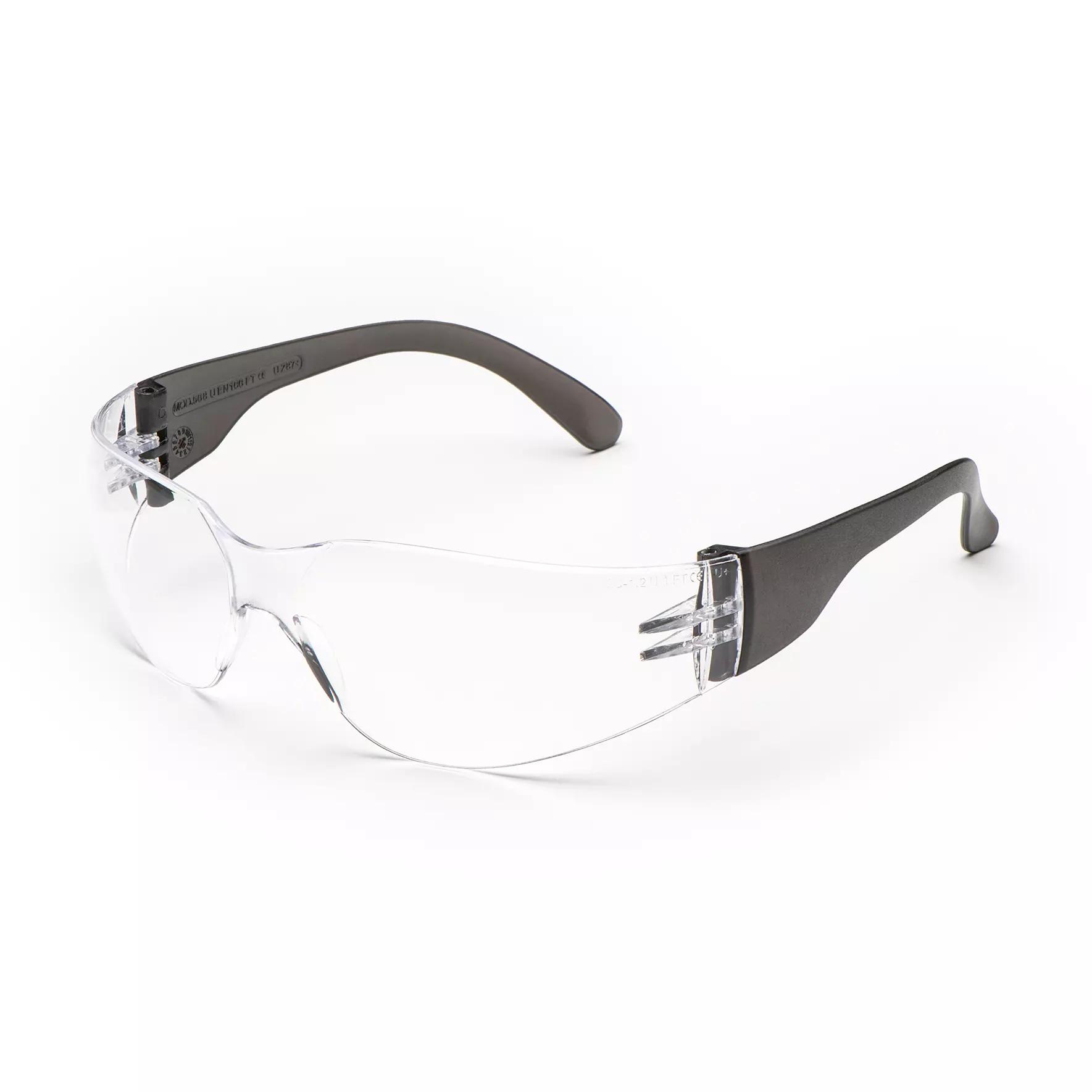 Die Arbeitsschutzbrille Ligero Up - Schwarz mit rahmenlosem Design und klarer Linse zeigt leichte, schwarze Bügel und seitlichen Clip für sicheren Halt.
