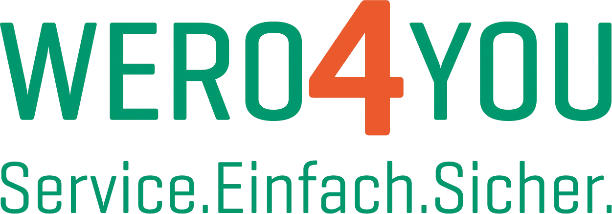 Logo mit grünem Schriftzug „WERO4YOU“, orangefarbener 4 und Unterzeile „Service. Einfach. Sicher.“