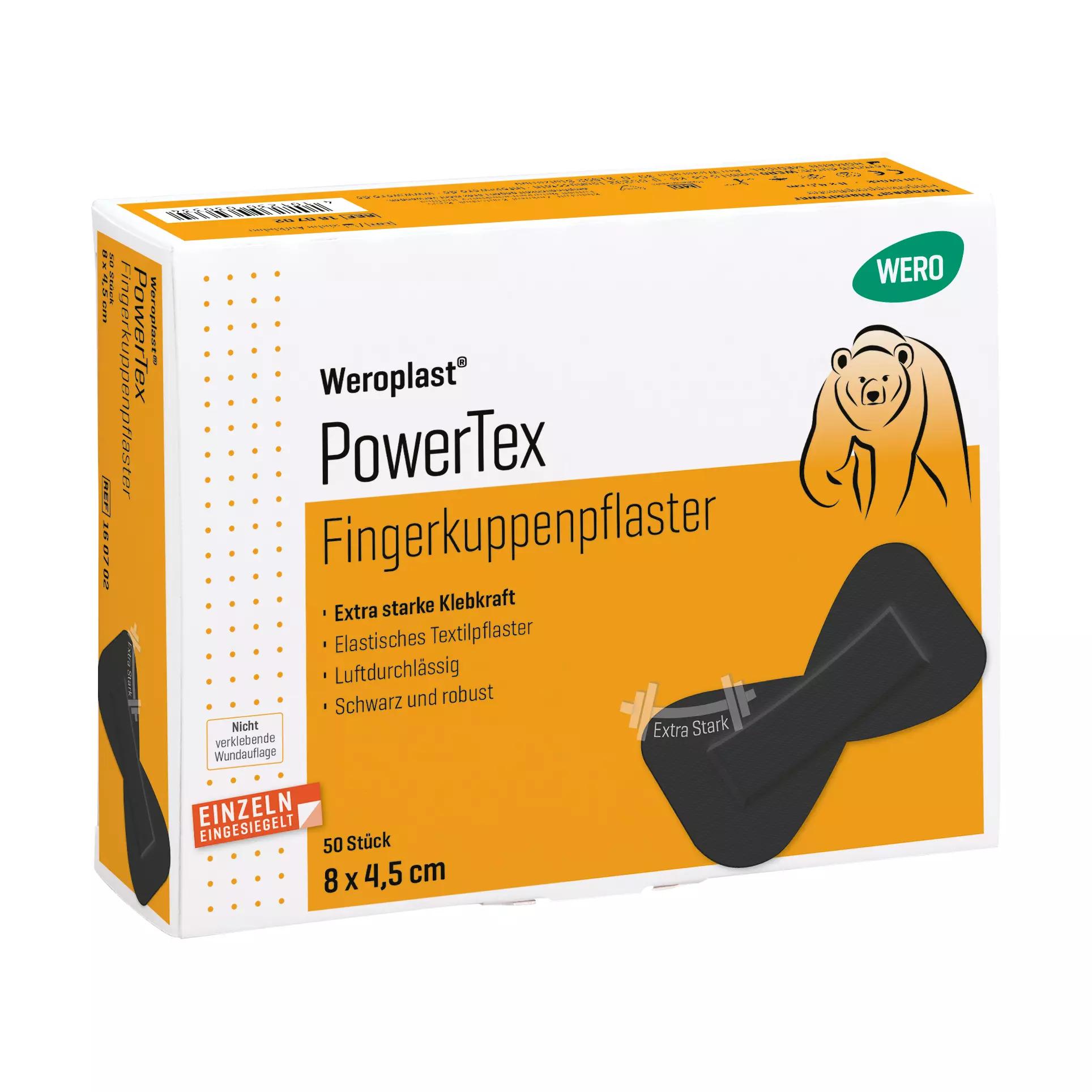 Die Verpackung des Fingerkuppenpflaster Weroplast® PowerTex mit extra starker Klebkraft, schwarzem Gewebe und robustem, langlebigem Material steht frontal.