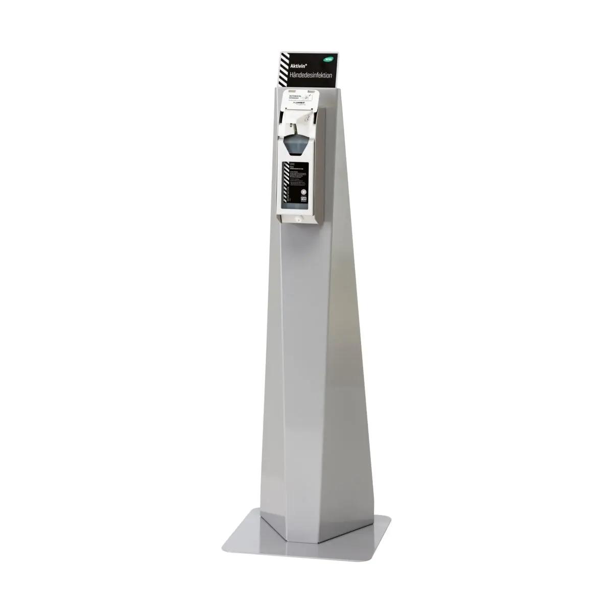 Ein Aktivin® Händedesinfektionsständer - berührungslos, mit ALU-Direktspender aus pulverbeschichtetem Stahlblech und guter Standfestigkeit, mit moderner Front.