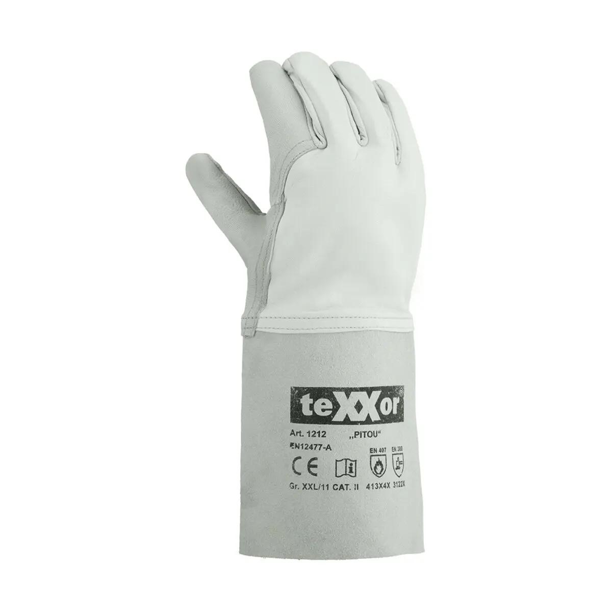 Grauer Schweißerhandschuh teXXor® PITOU im 5-Finger-Design mit extra langer Stulpe für Pulsschutz und hitzebeständiger, robuster Oberfläche.