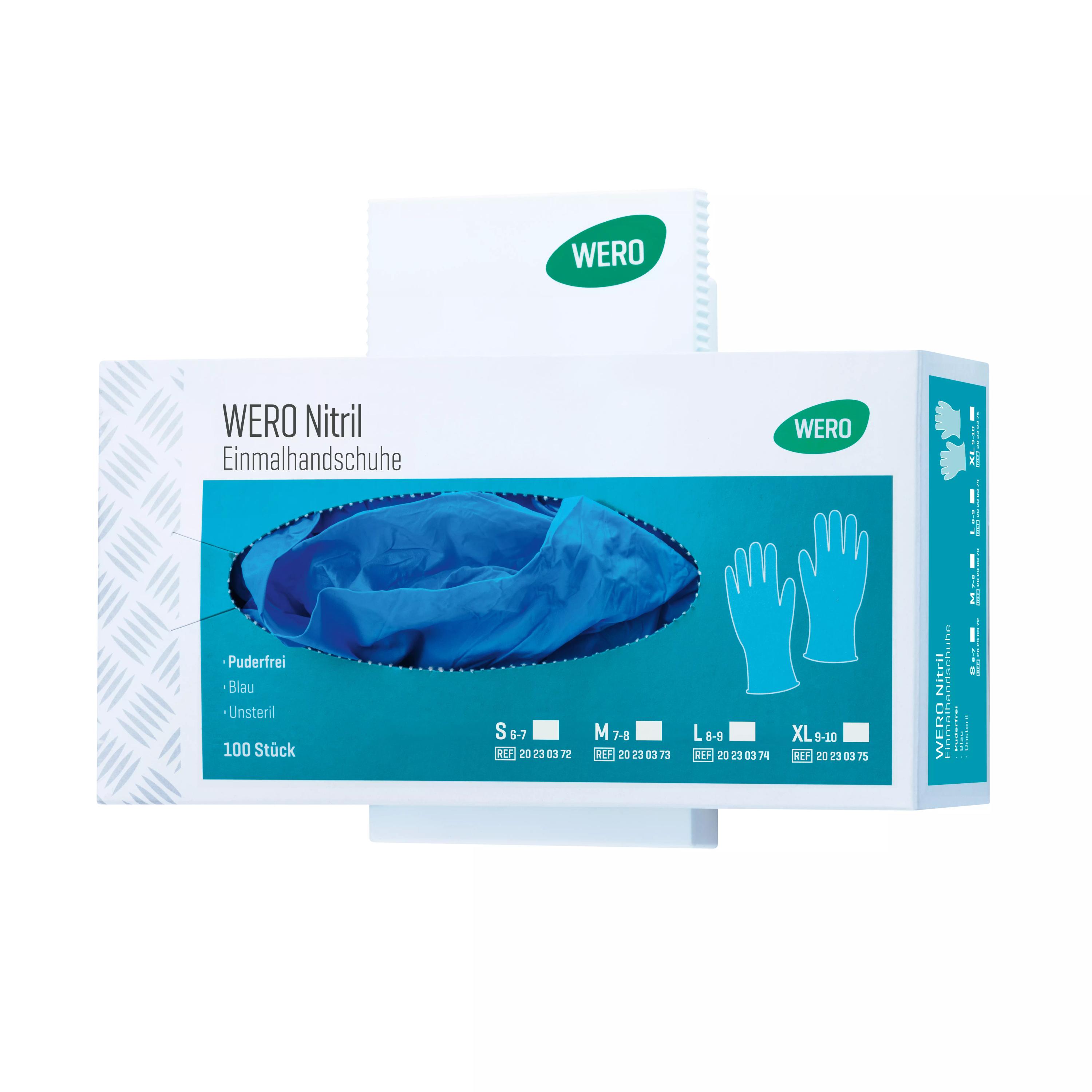 Die Box WERO Universalhalter aus Kunststoff zeigt 100 blaue Nitrilhandschuhe in offener Verpackung mit Produktbezeichnung und Größenangabe XL 9-10.