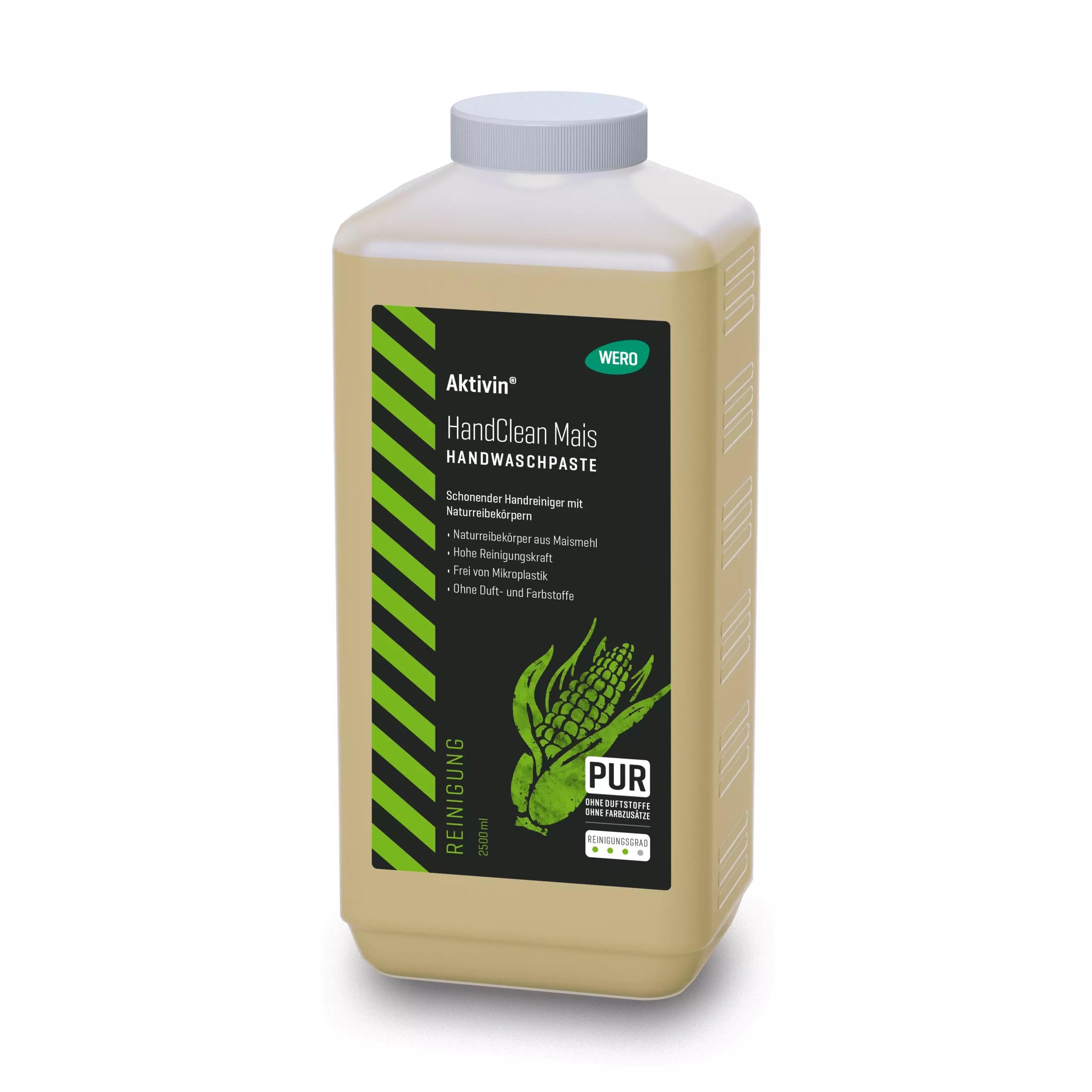 Eine beige Flasche Handwaschpaste Aktivin® HandClean Mais mit grauem Deckel und schwarzem Etikett, das einen Maiskolben und 2500 ml anzeigt.