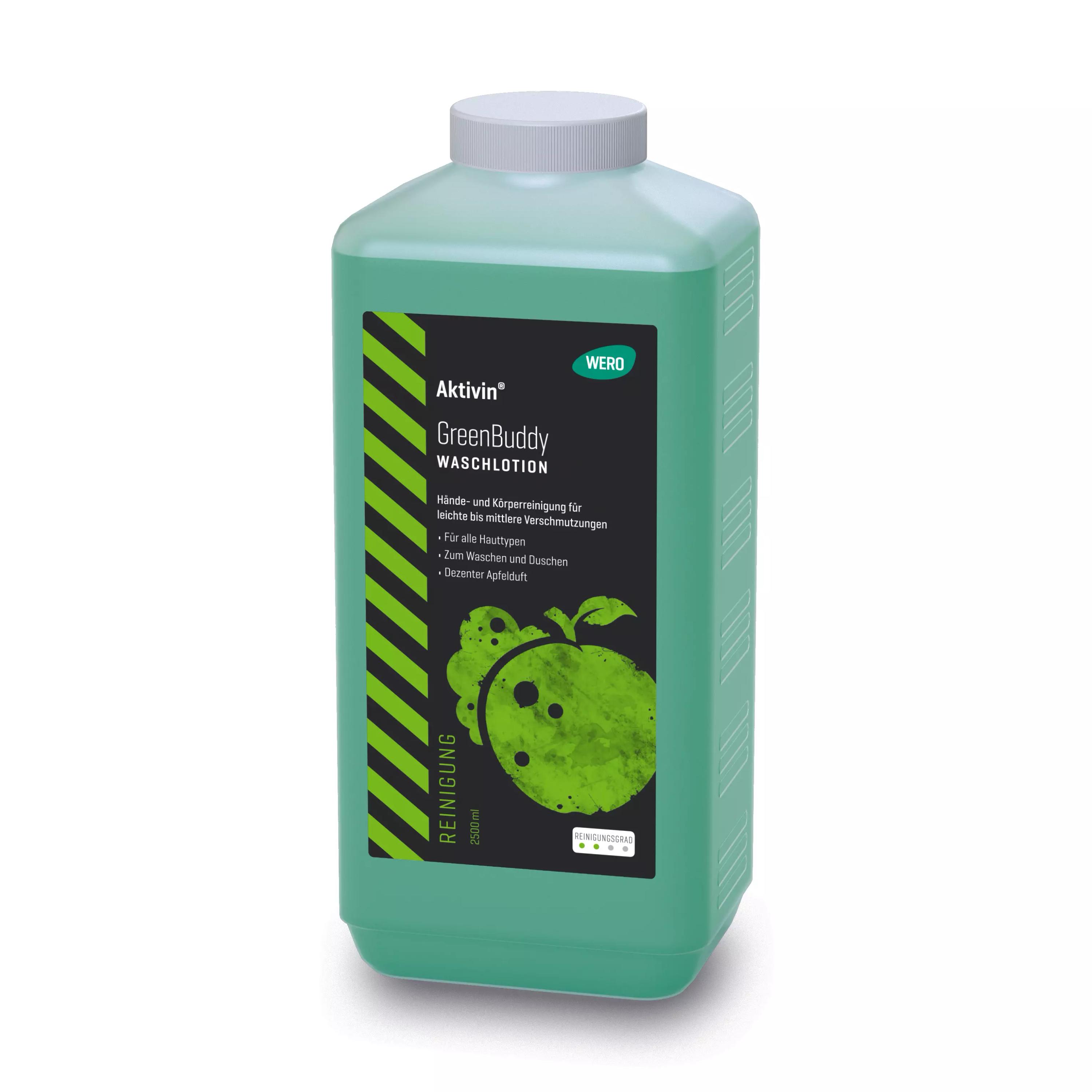 Grüne, rechteckige Flasche der Waschlotion Aktivin® GreenBuddy - Euroflasche, 2.500 ml mit Apfelmotiv, schwarzem Etikett und silbergrauem Deckel.