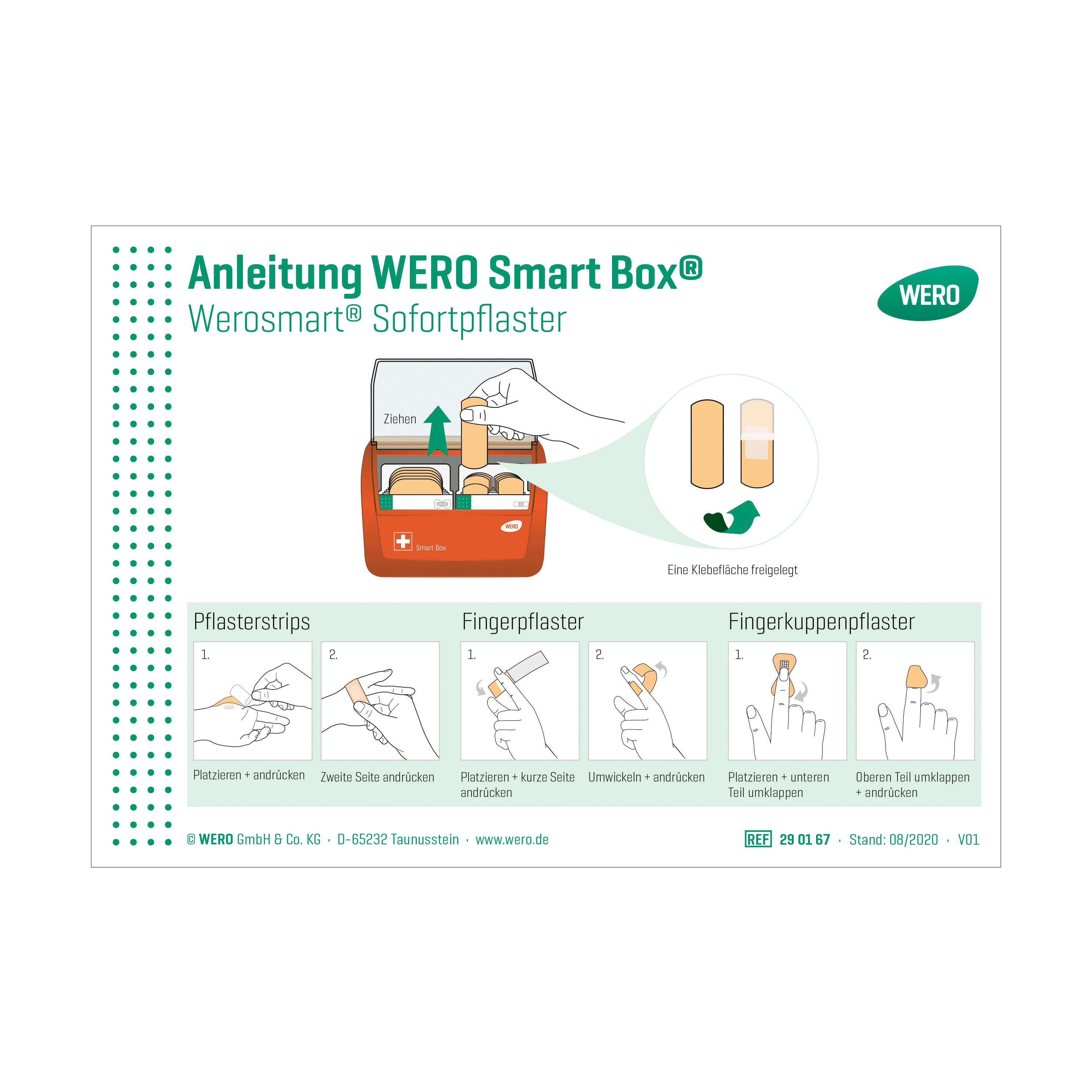 Offene Anleitung WERO Smart Box® mit deutsch beschrifteter Verpackung, bebilderten Anwendungsdiagrammen für verschiedene Pflasterarten und Handsymbolen.