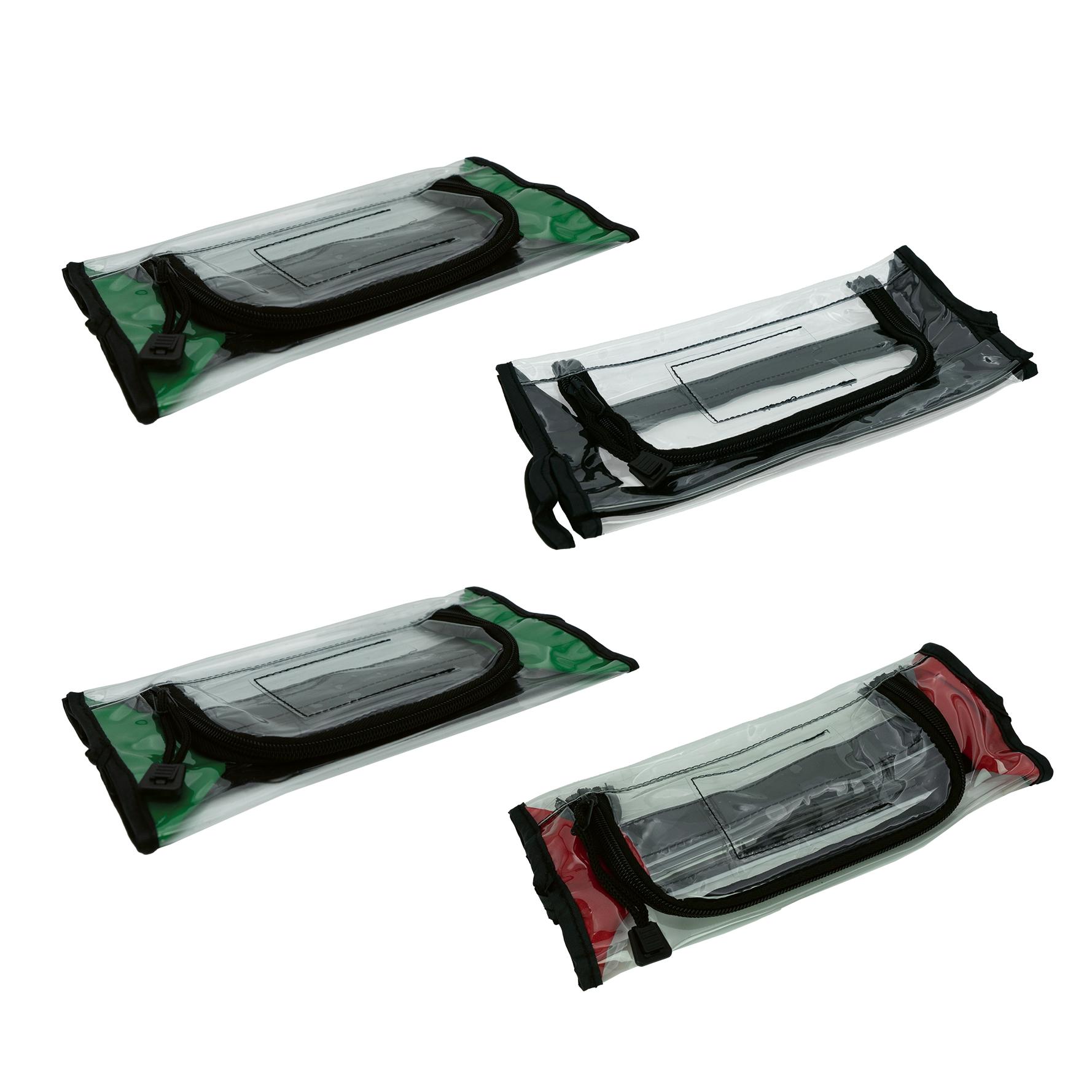 Klarsichttaschen-Sets für HAN-LIFE Rettungstasche, leer, vierteilig, grün, schwarz, rot und grau abgeteilt, mit schwarzen Griffen und Zippern.
