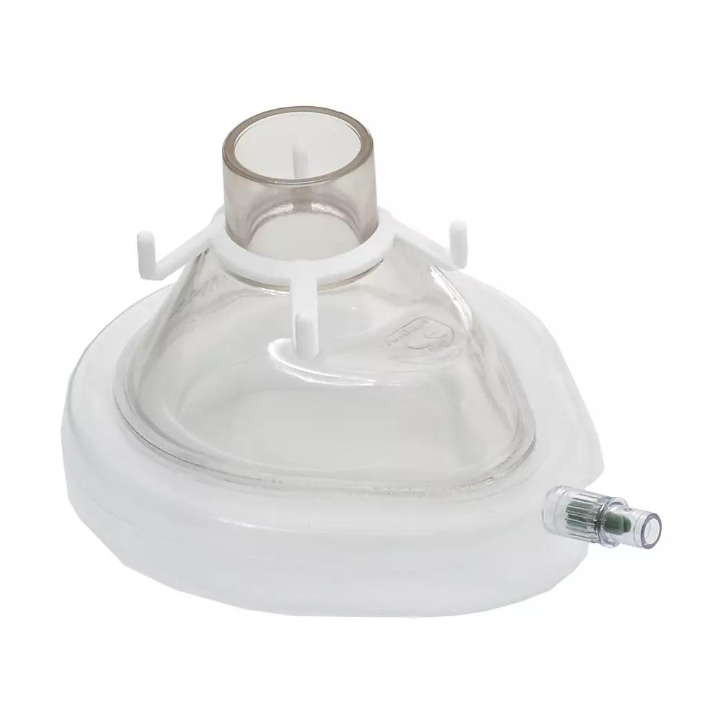 Einmal-Gesichtsmaske für Ambu® SPUR® II Einmal-Beatmungsbeutel – Klein aus klarem Kunststoff mit integriertem Anschlussstück und seitlichem Ventil.