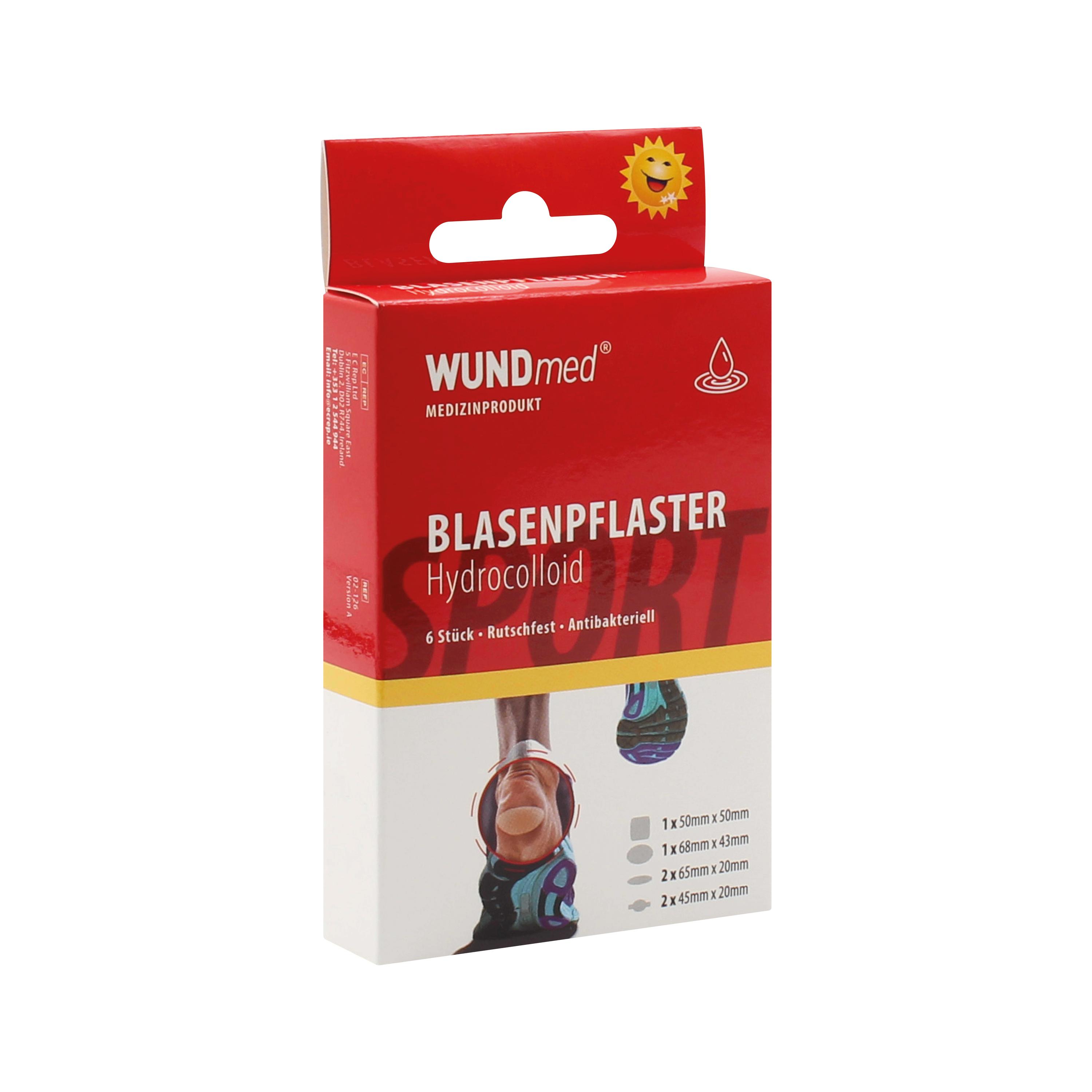 Eine aufrecht stehende Packung WUNDmed Blasenpflaster Hydrocolloid, 6 Stk, mit Sichtfenster, die auf Schmerzlinderung, Blasenschutz sowie Wasserfestigkeit hinweist.