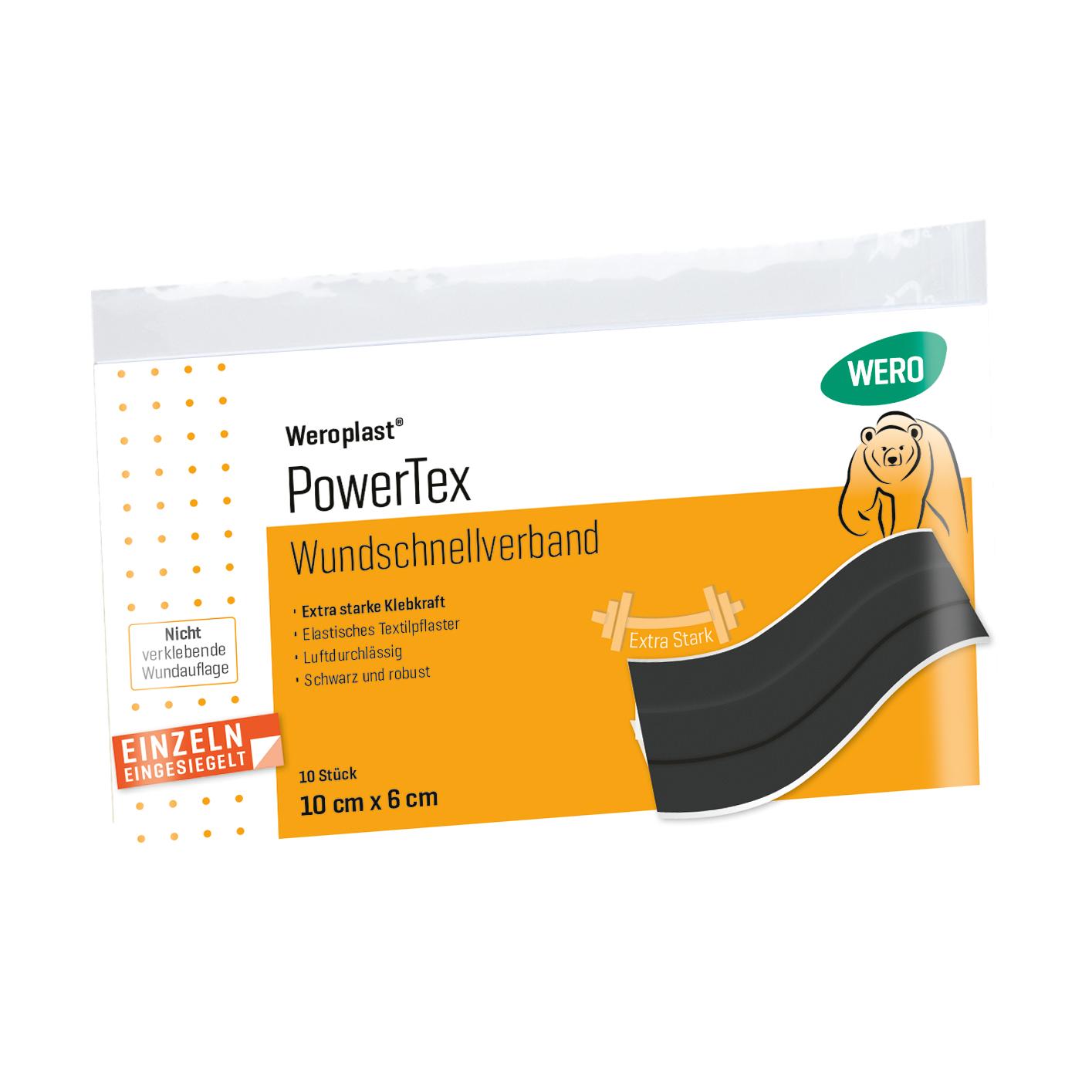 Rechteckige Verpackung von Weroplast PowerTex Pflasterstreifen in Orange mit weißem Text und Bärenmotiv, 10 cm x 6 cm groß.