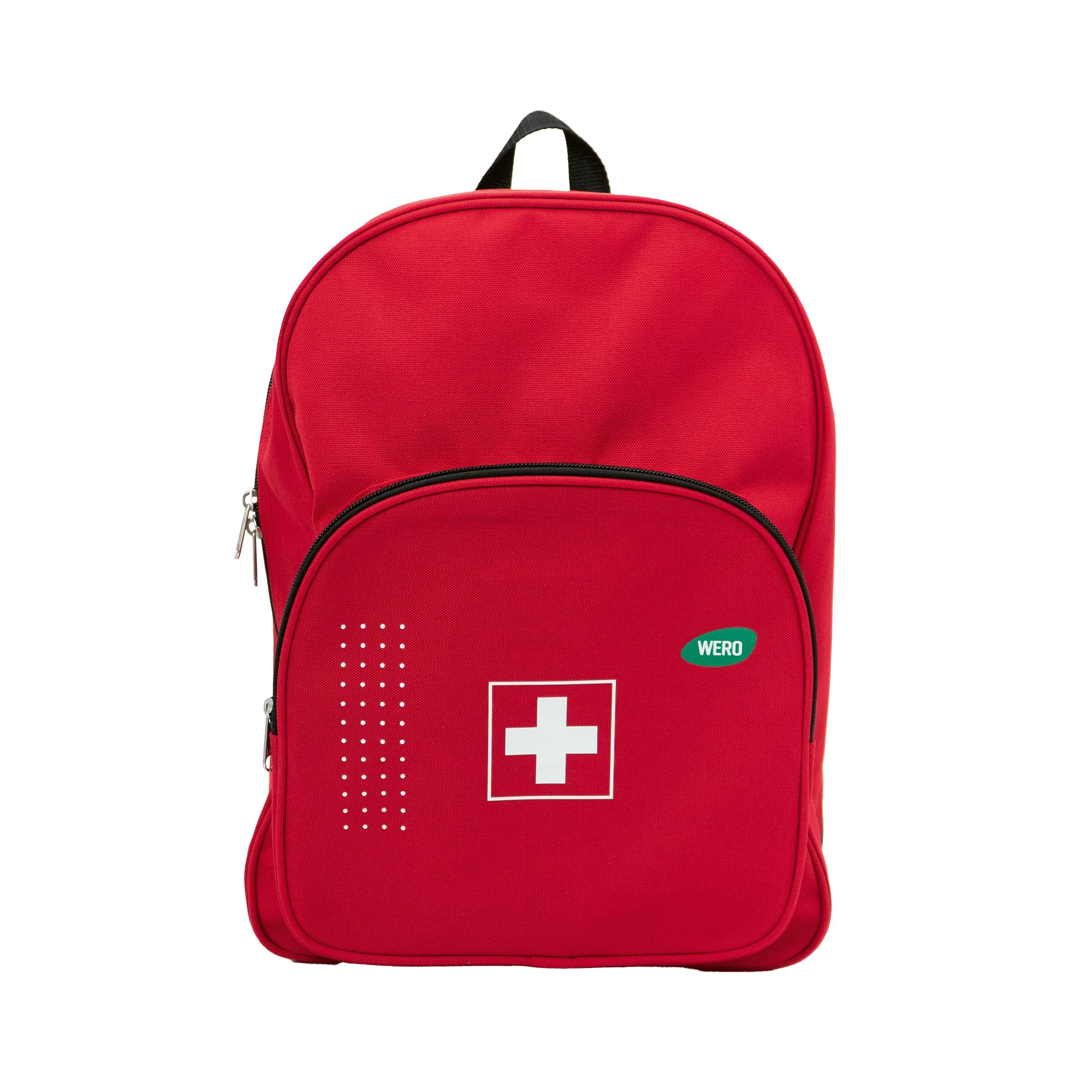 WERO Erste Hilfe Rucksack in kräftigem Rot mit weißem Kreuzlogo, schwarzem Griff, Netzfächern und Fronttasche aus robustem Nylon 600D.